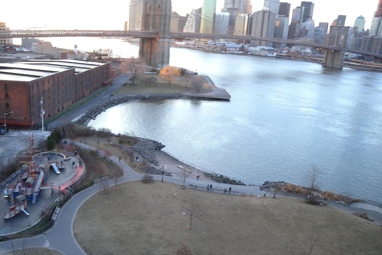 Red-brick Empire Stores warehouse buildings on the waterfront, seen from above