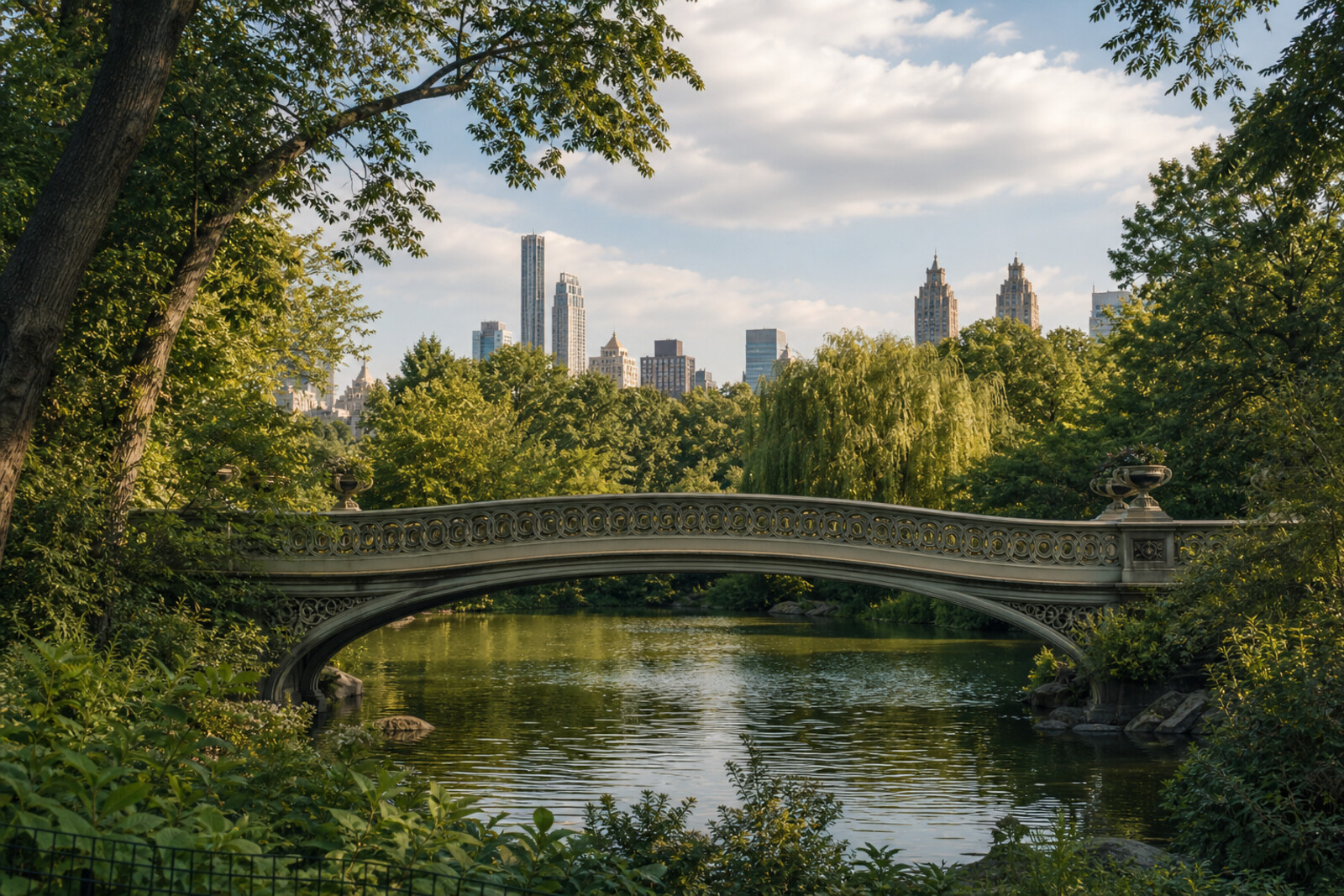 Illustration: an elegant cast-iron bridge over a lake amid greenery, with the city skyline in the background