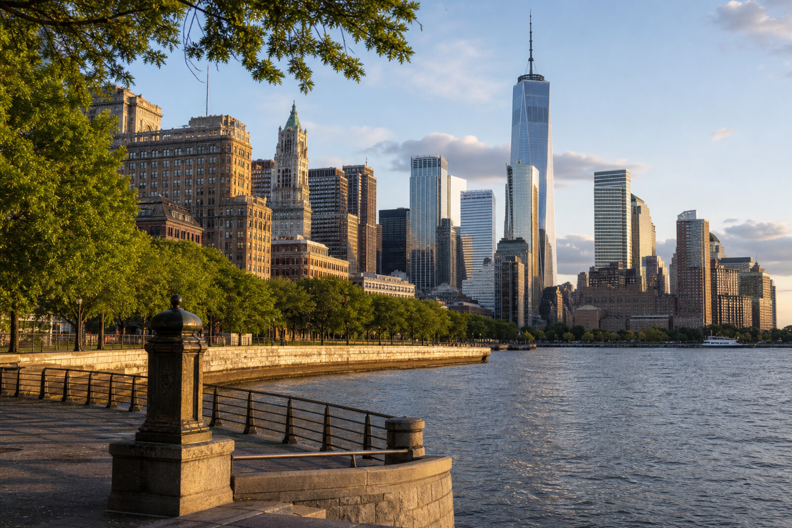 An atmospheric cover of southern Manhattan: harbor, stone facades, a church spire, and modern remembrance of a place.