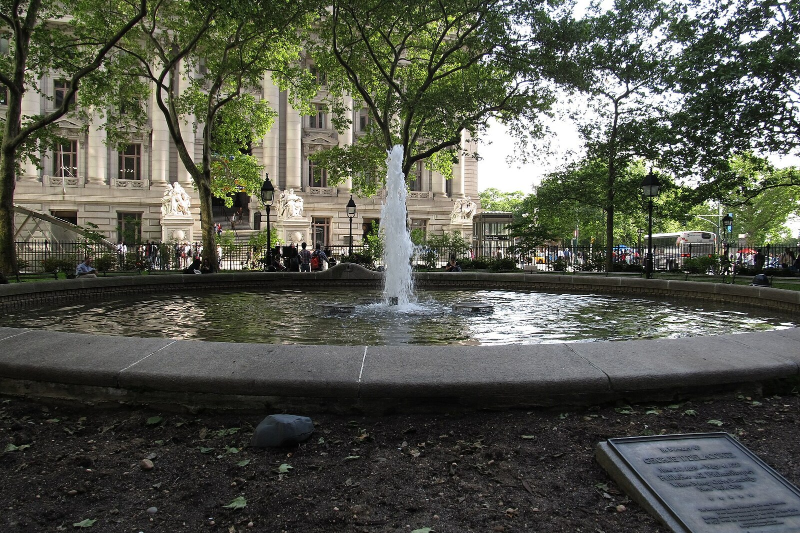 A fountain and trees in Bowling Green in southern Manhattan.