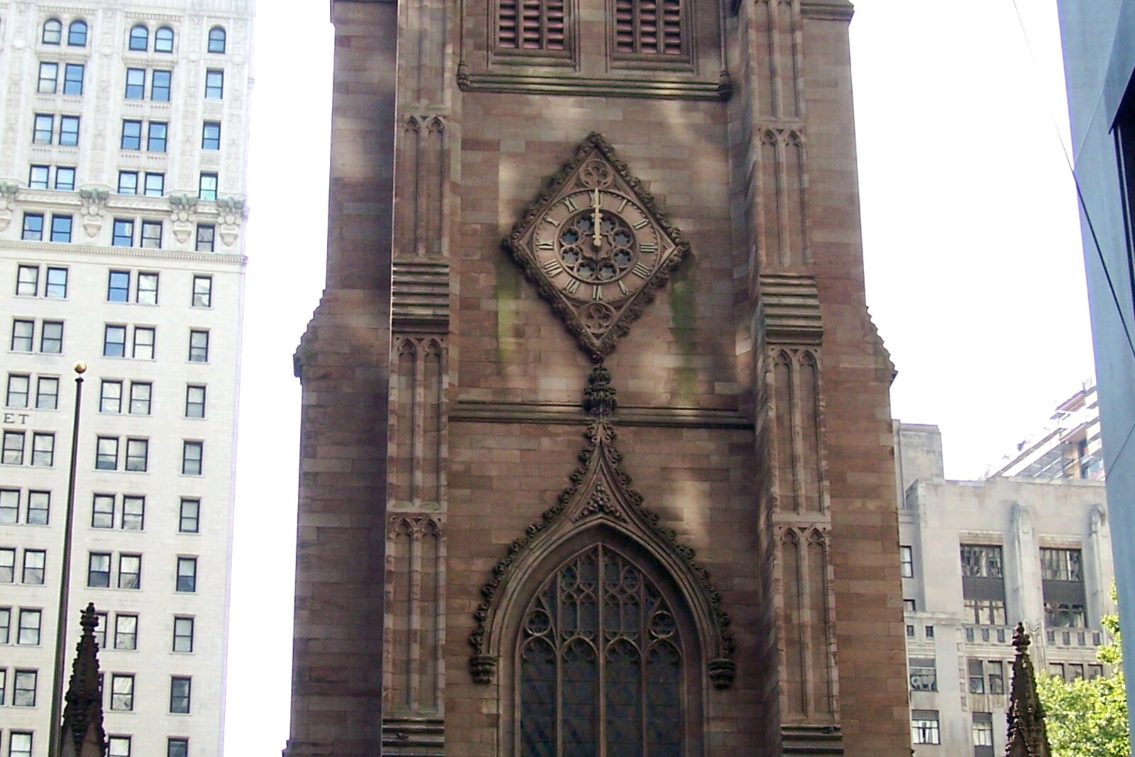 Facade of Trinity Church at the corner of Broadway and Wall Street.
