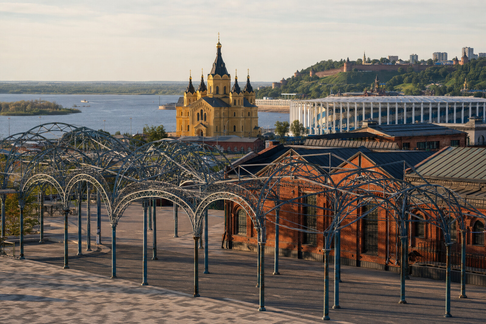 The filigree arches of the Strelka Warehouses, fair buildings, and two rivers in a stylised architectural panorama of Strelka