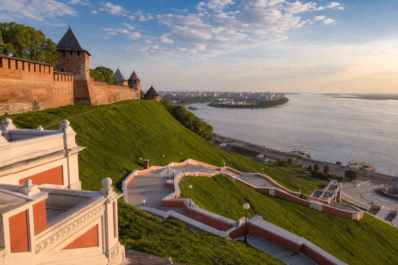 Kremlin wall and Chkalov Staircase above the confluence of the Volga and the Oka
