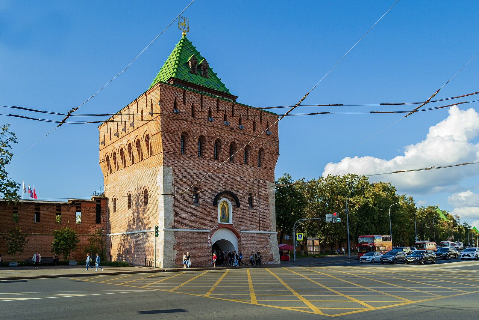 Dmitrievskaya Tower with a tall green roof and an arched entrance