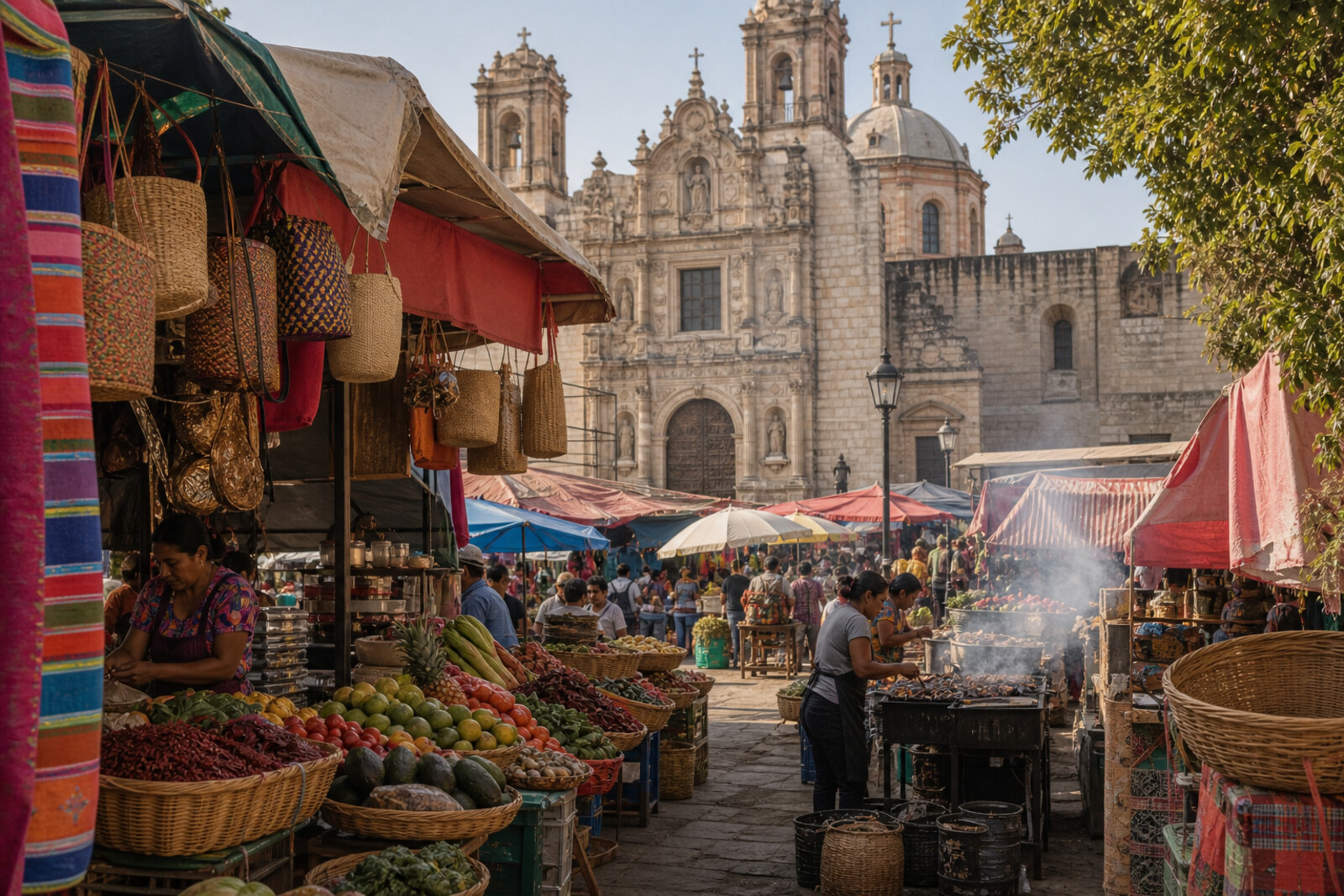 Artistic cover: a stylized market with smoking grills and the silhouette of the basilica against a hill