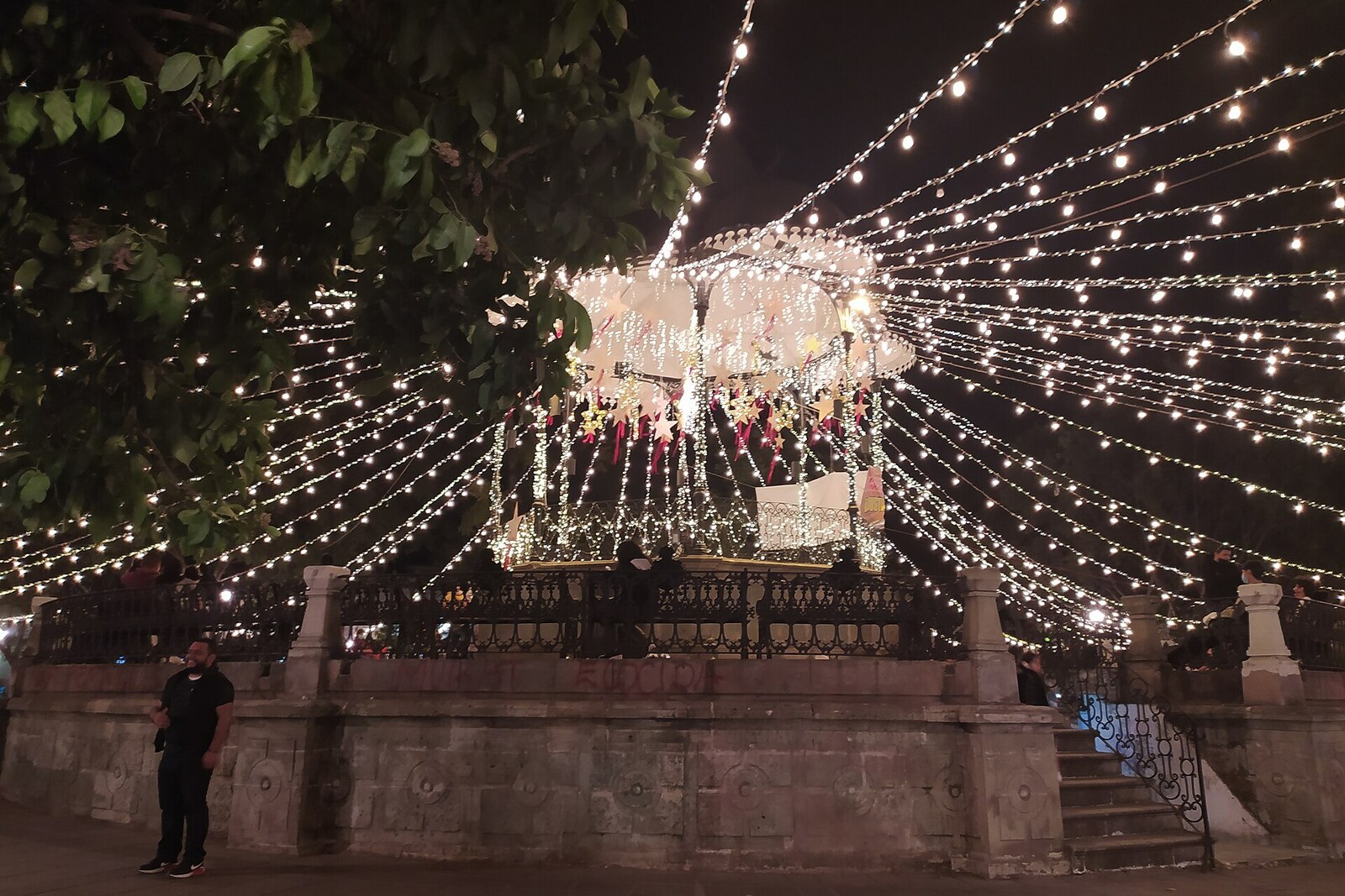 Cast-iron bandstand at the Zócalo (Plaza de la Constitución) in Oaxaca, decorated with lights
