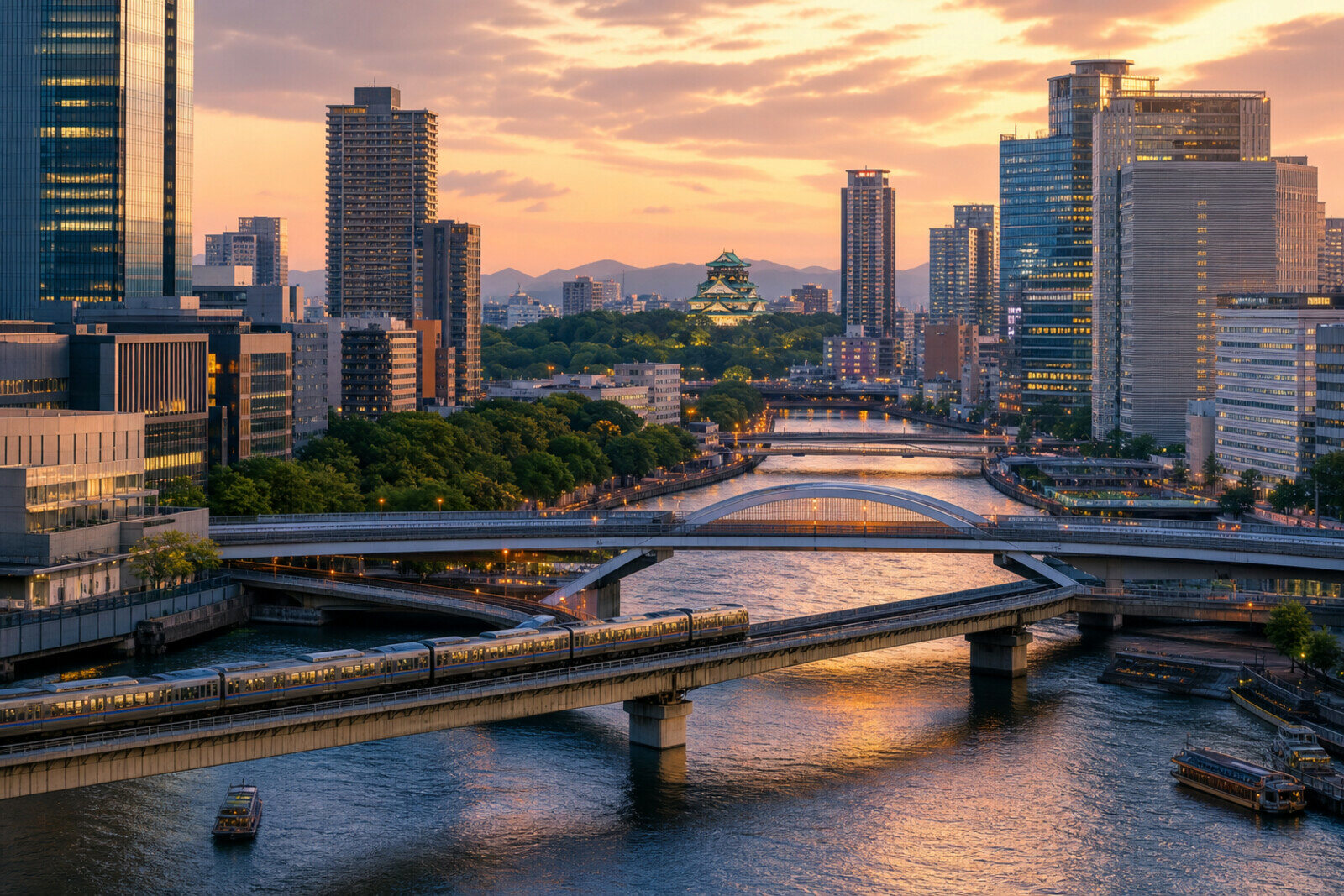 Generated editorial cover for the Osaka Castle and Nakanoshima water-and-power route