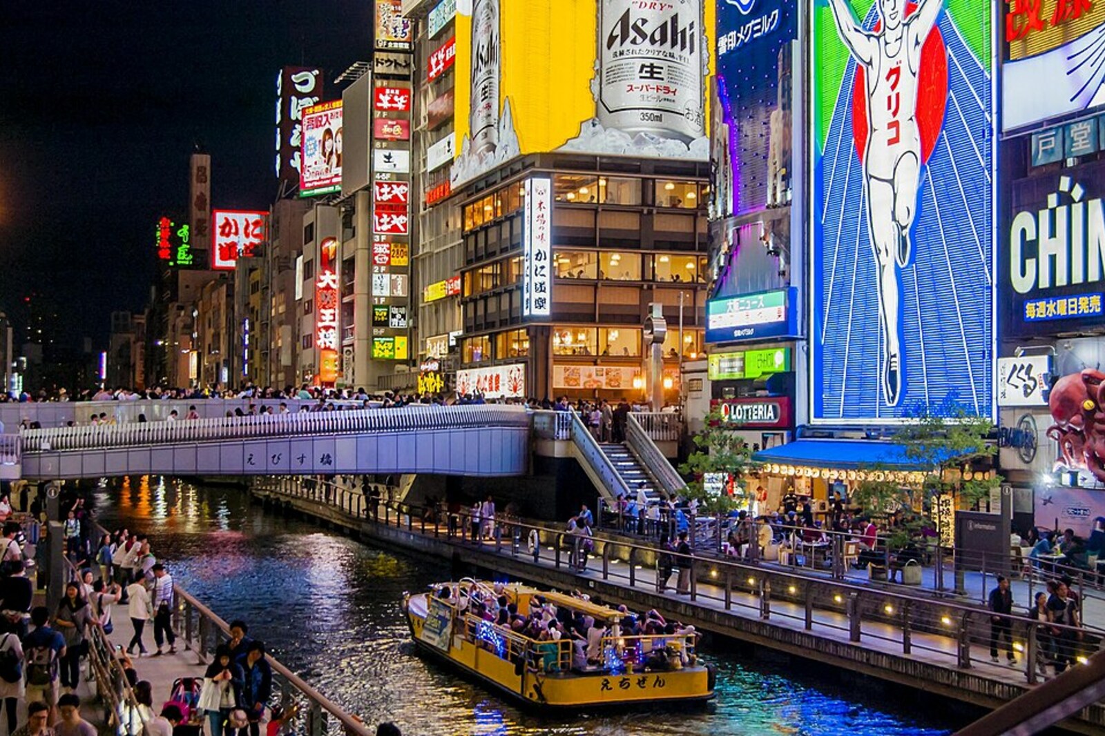 Ebisu Bridge in Dotonbori with neon advertisements and reflections in the water
