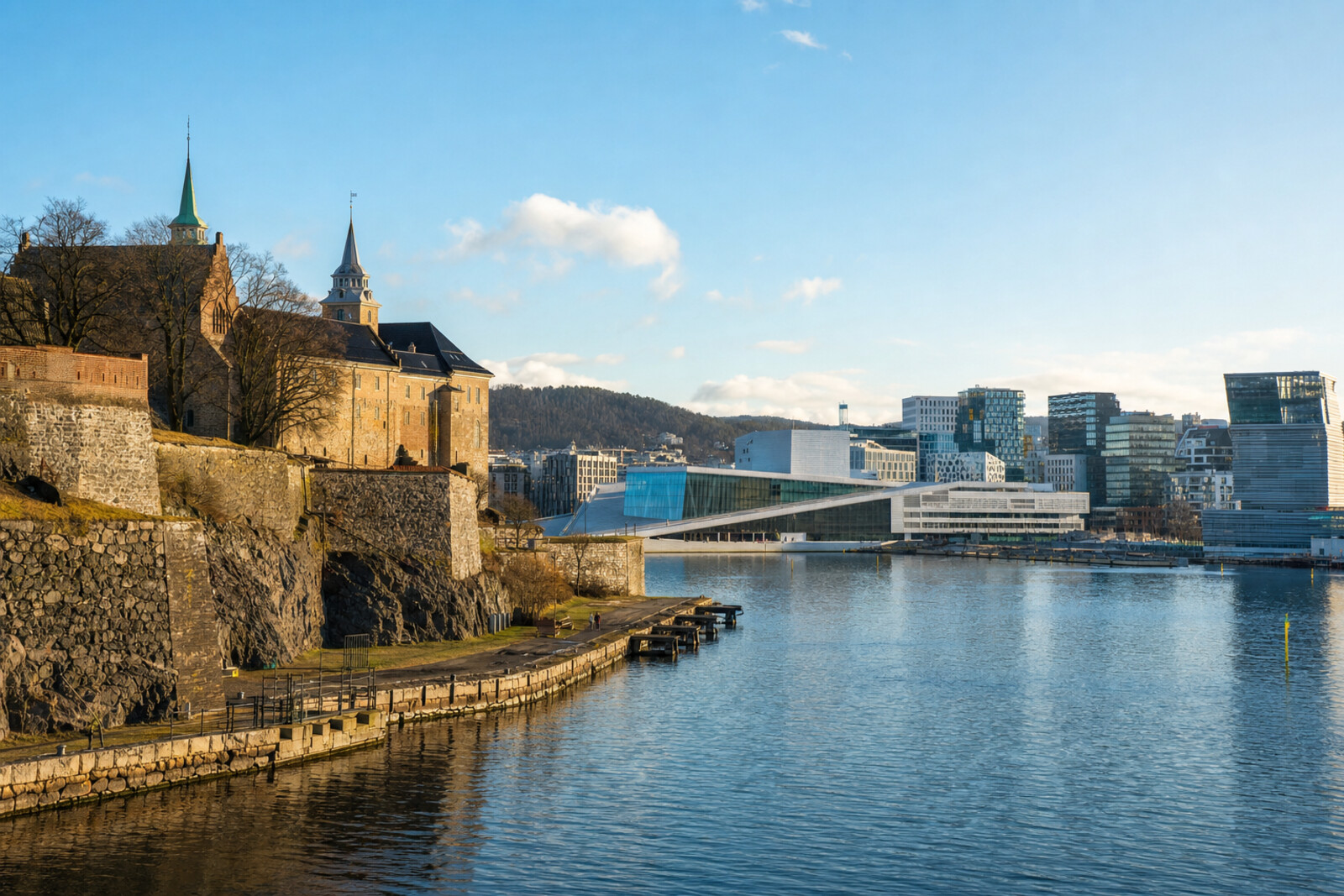 Generated editorial cover for a route through Akershus Fortress and Bjørvika.