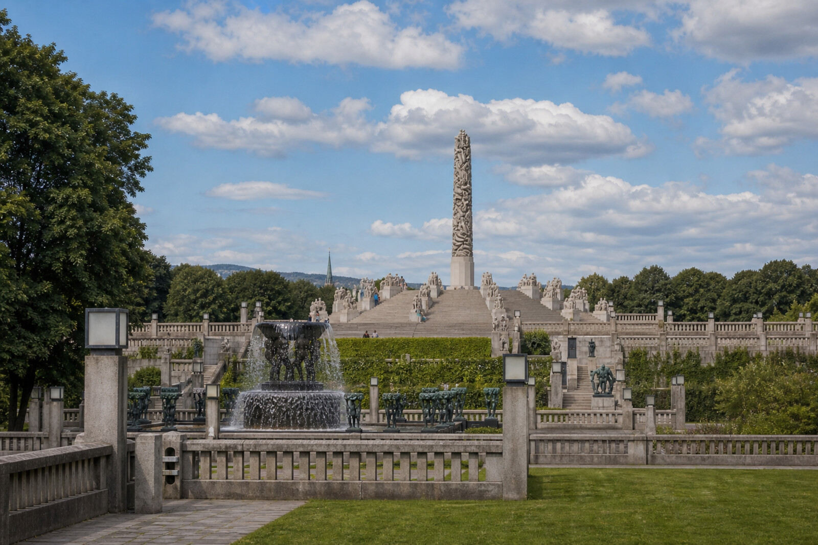 Illustration overlooking Vigeland Park: The Monolith and sculptures among green lawns and fountains