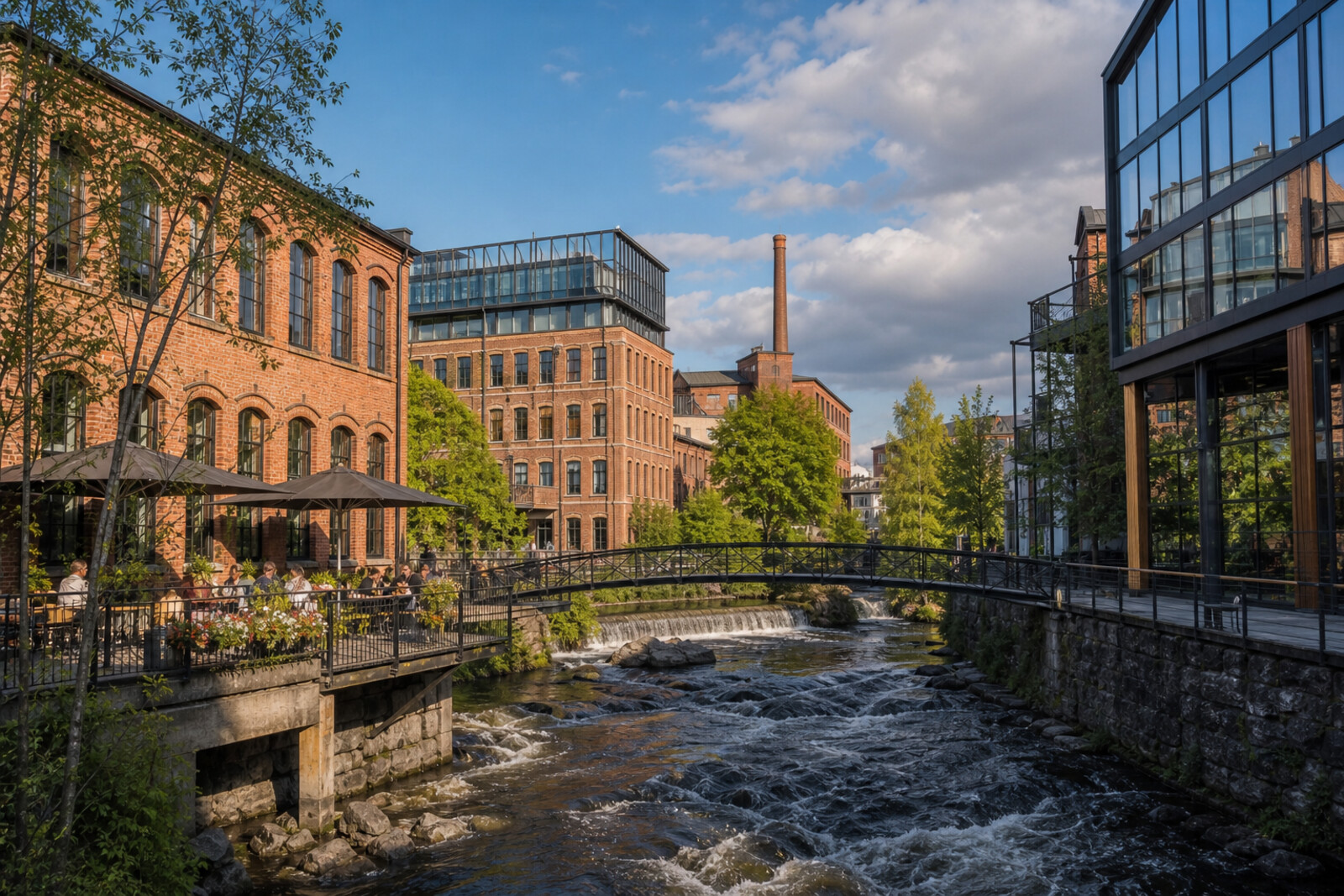 Illustrative view of the Akerselva waterfront with red-brick factories, modern buildings, a bridge, a market, and trees in warm light