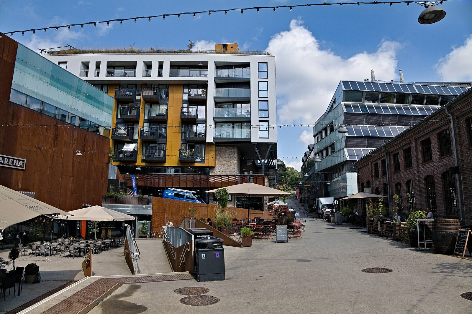 View of the Vulkan complex in Oslo with modern buildings and the river