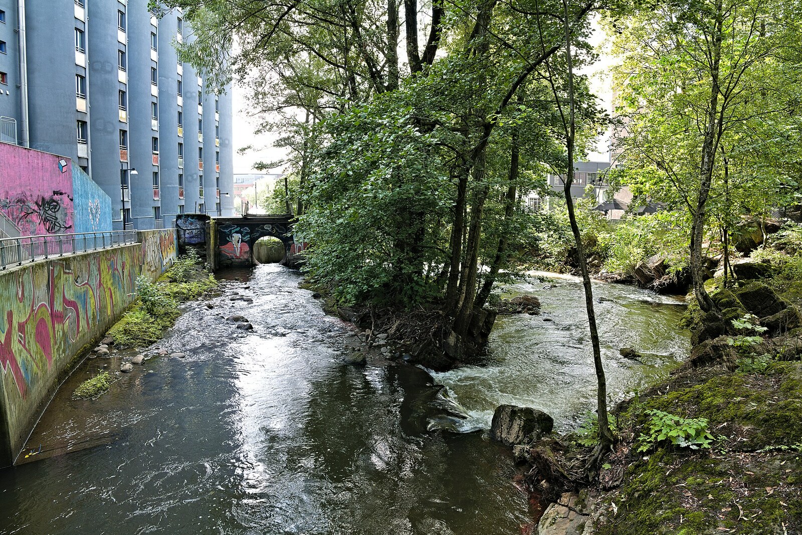 Nedre Foss waterfall in Oslo, with rushing water and a park around it
