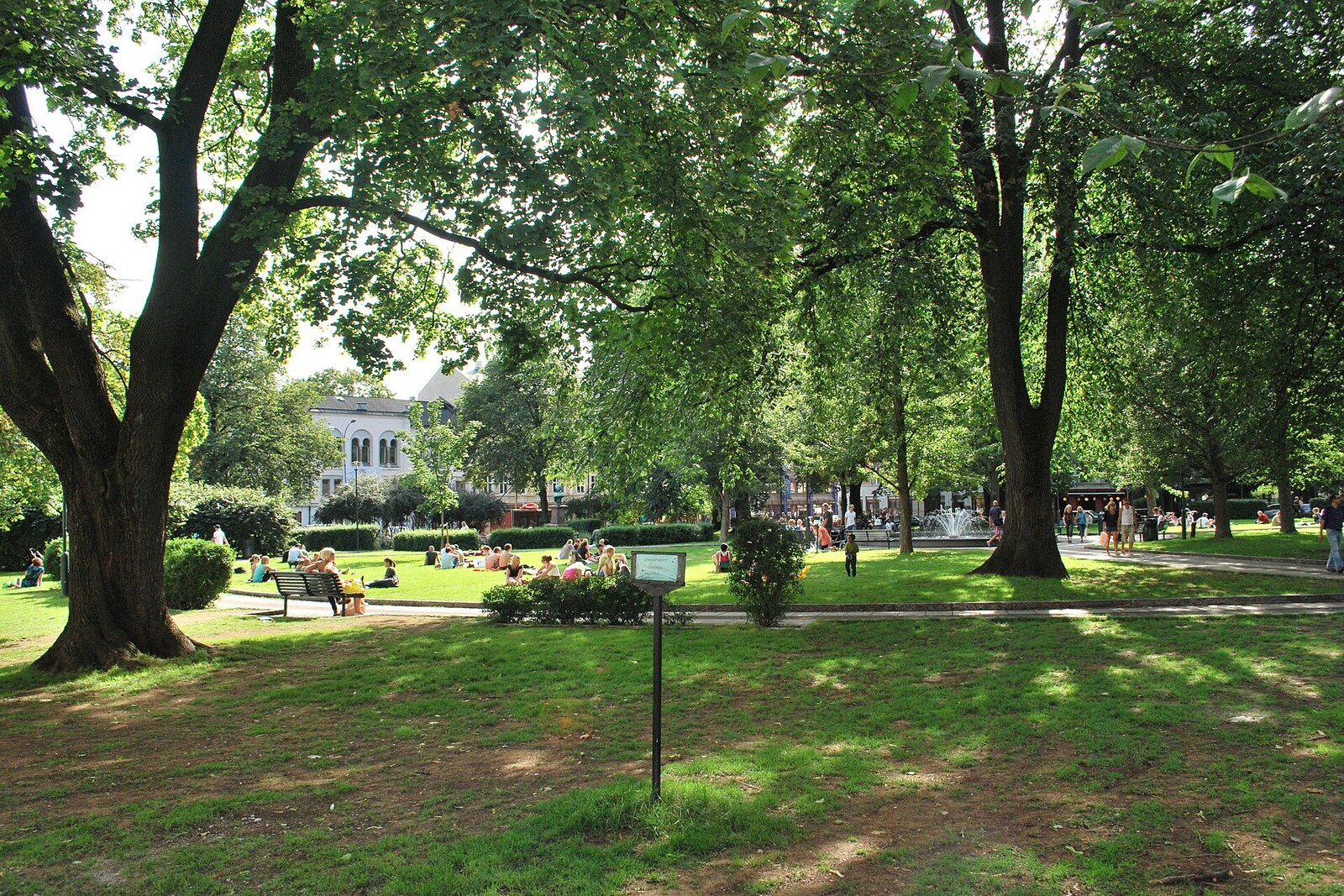Summer view of Olaf Ryes plass with lawns, trees, benches, and people relaxing.