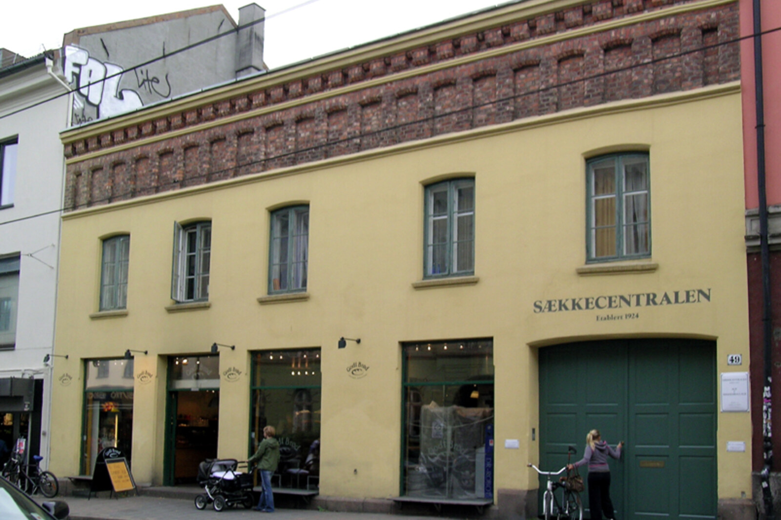 Brick façade of a historic building on Thorvald Meyers gate in Oslo