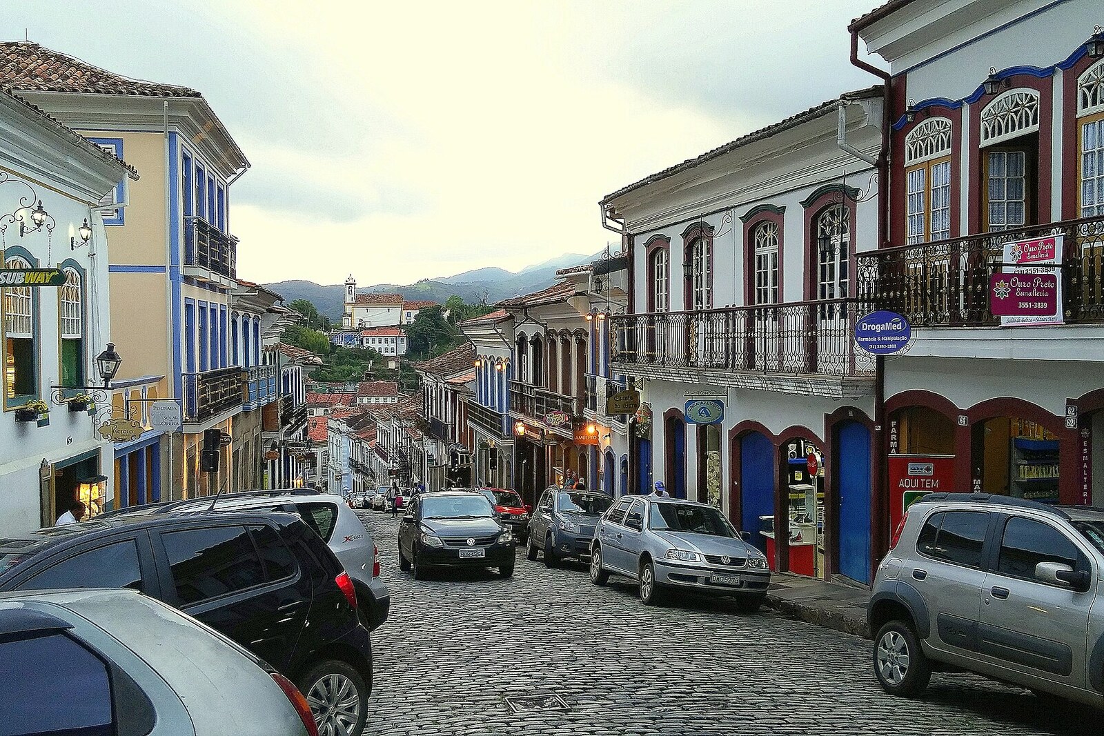Cobbled Rua Direita with historic houses in Ouro Preto.