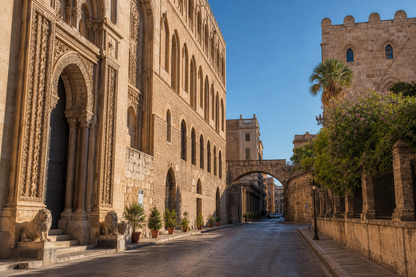 The Norman Palace, golden mosaic, red domes, and bridge arches form a symbolic coronation line across Palermo.