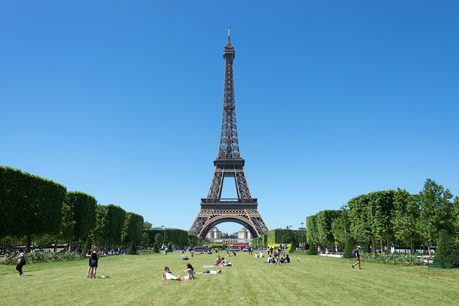 The Champ de Mars lawn with a view of the Eiffel Tower.