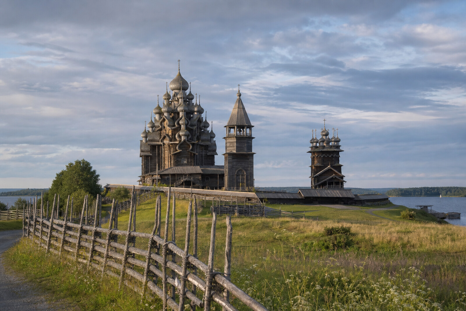 Illustrative view of the wooden ensemble of Kizhi Island amid the waters of Lake Onega