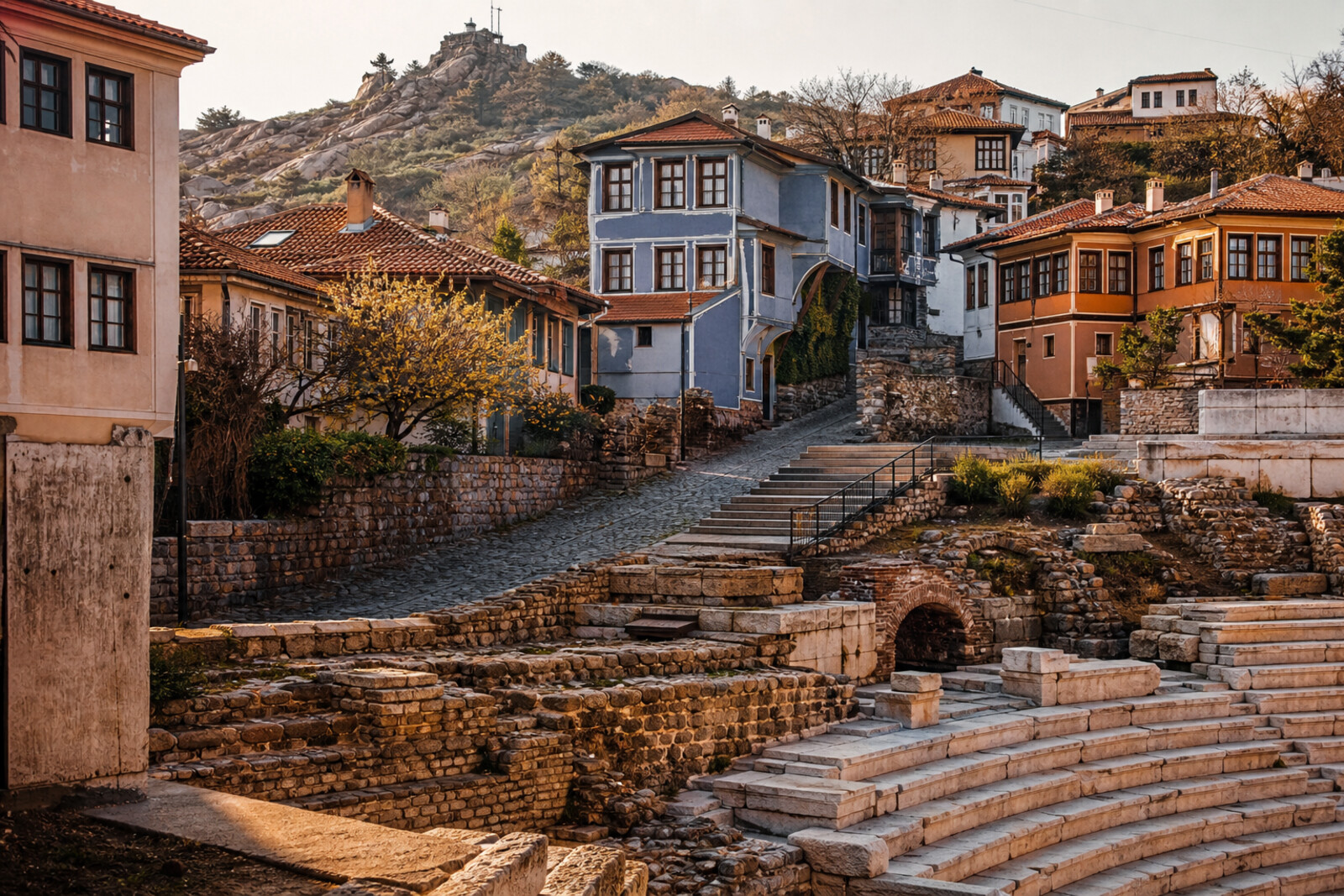 An architectural cross-section of Plovdiv: Roman structures beneath the street, mosaics, a mosque, old houses, a theatre, and hilltop fortifications