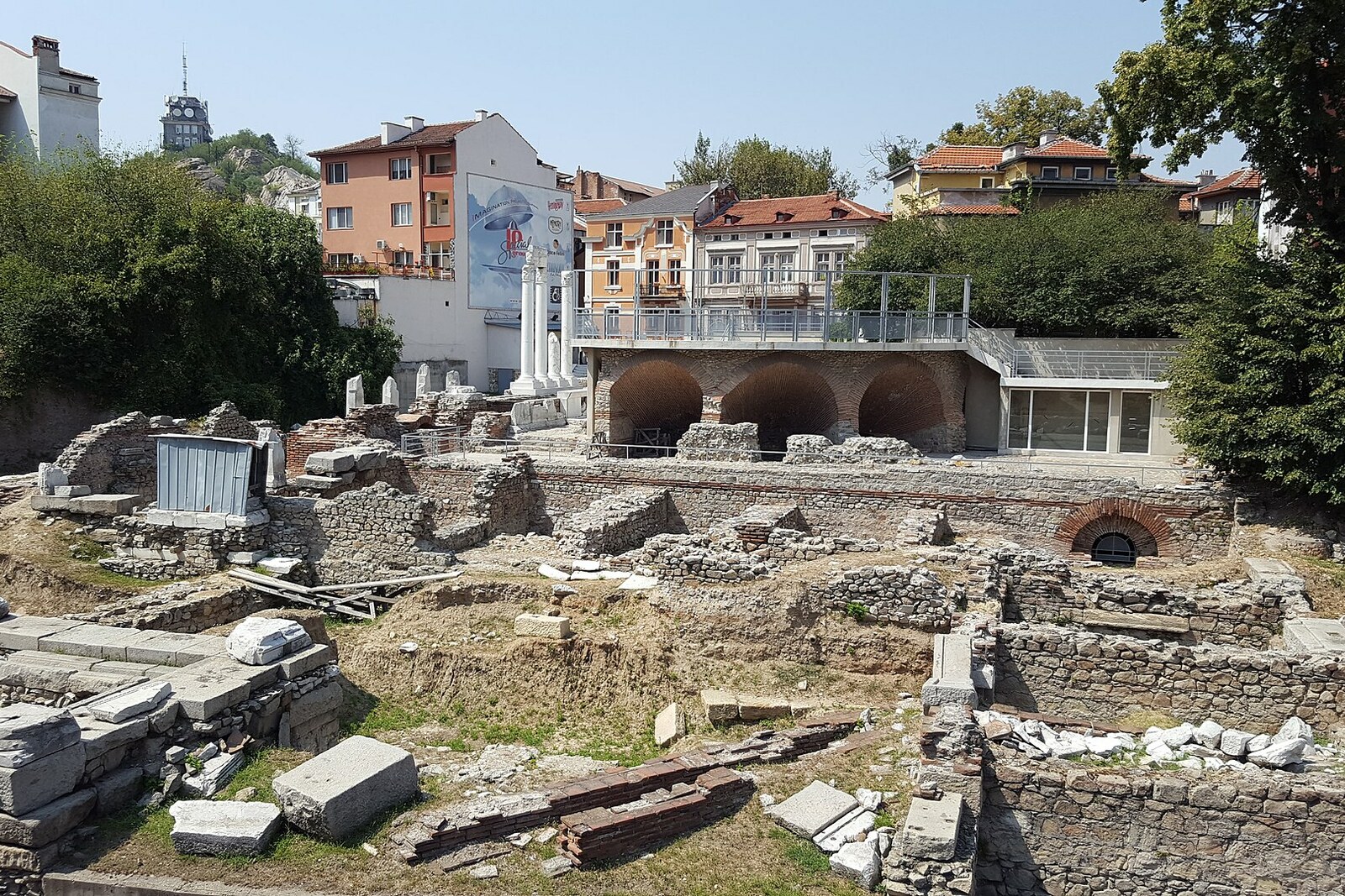 Ruins of the northern part of the Forum and the Odeon below modern houses in Plovdiv