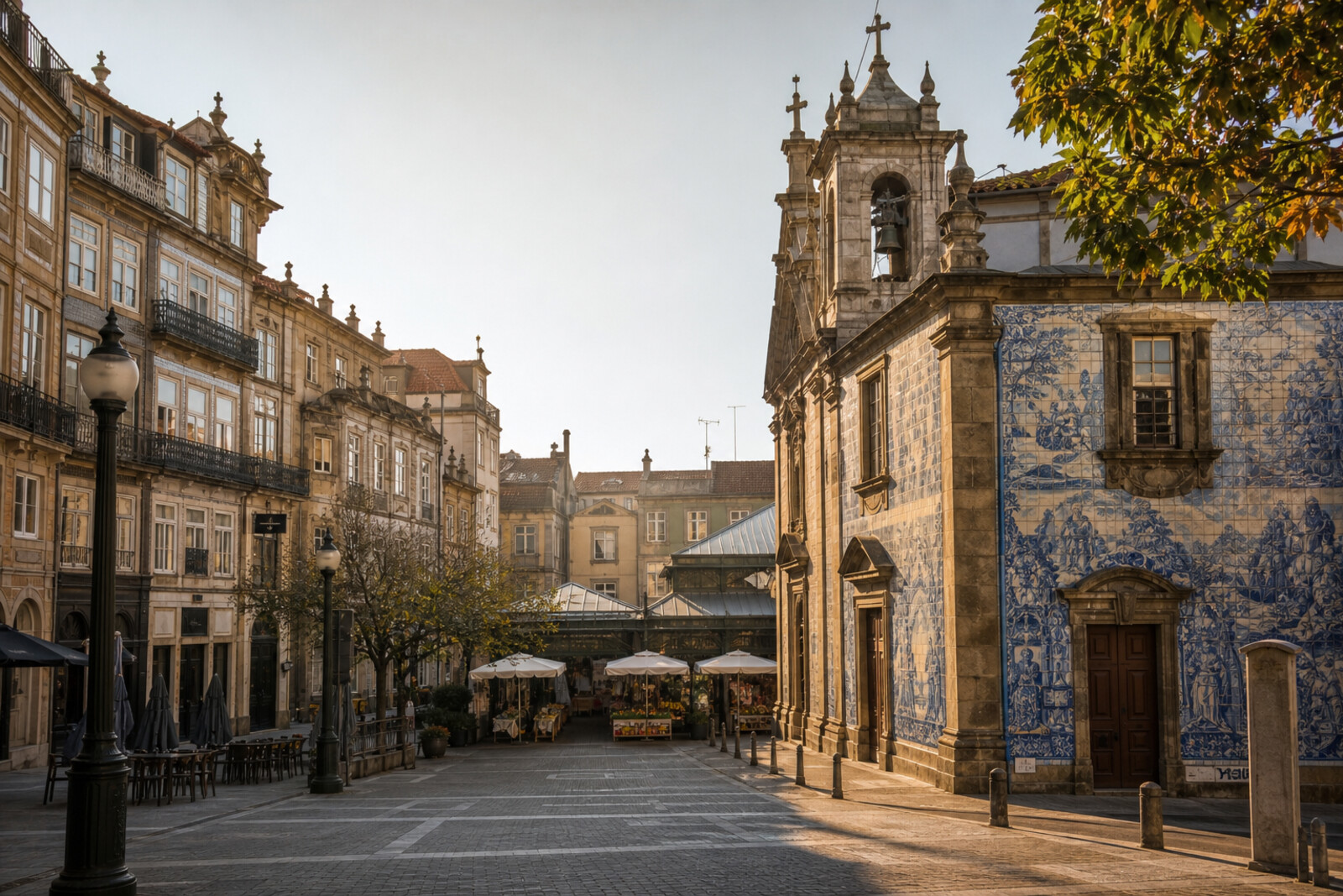 Illustration of a route through Baixa, with Avenida dos Aliados, Mercado do Bolhão, and a blue chapel in the background.