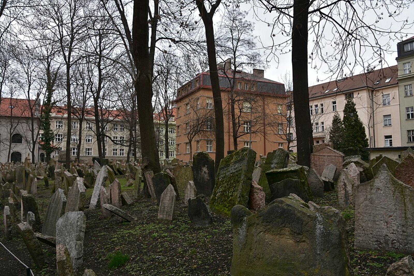 The Old Jewish Cemetery in Prague, with tightly packed rows of leaning gravestones.