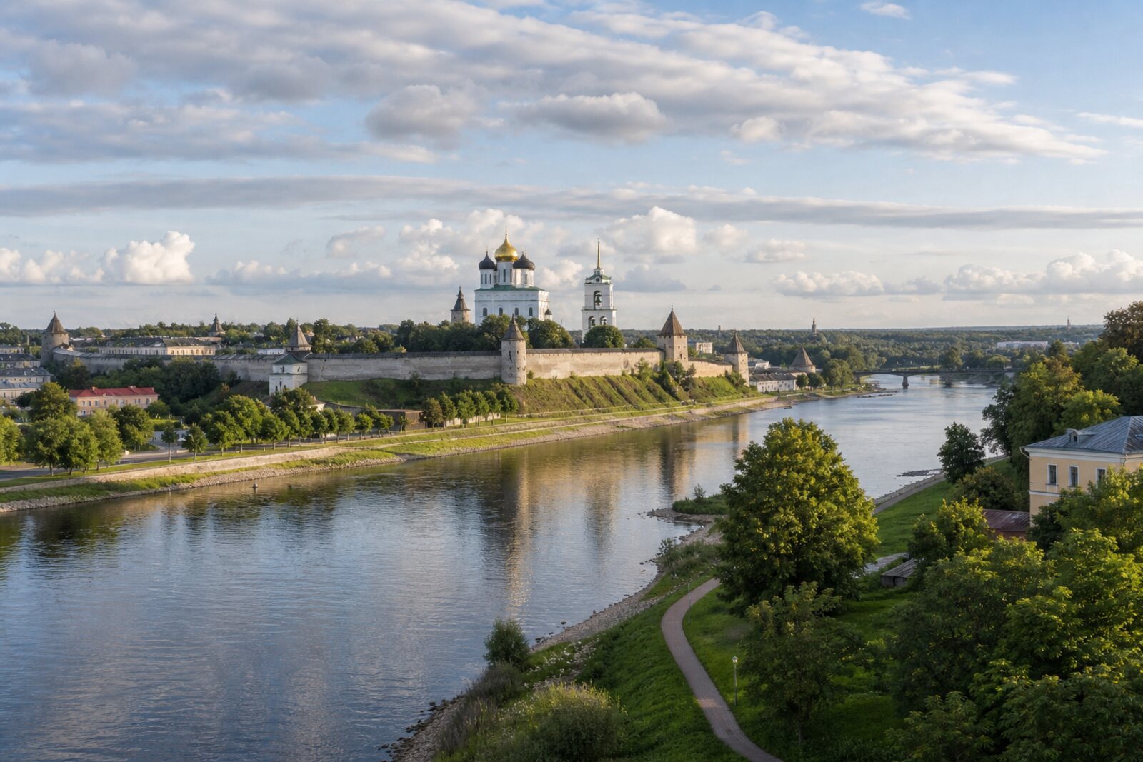 Pskov Kremlin and the Trinity Cathedral over the Velikaya River