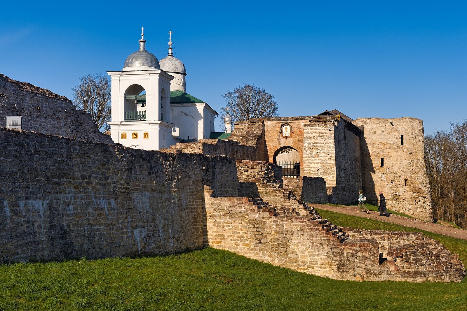 Izborsk Fortress with stone walls and towers.