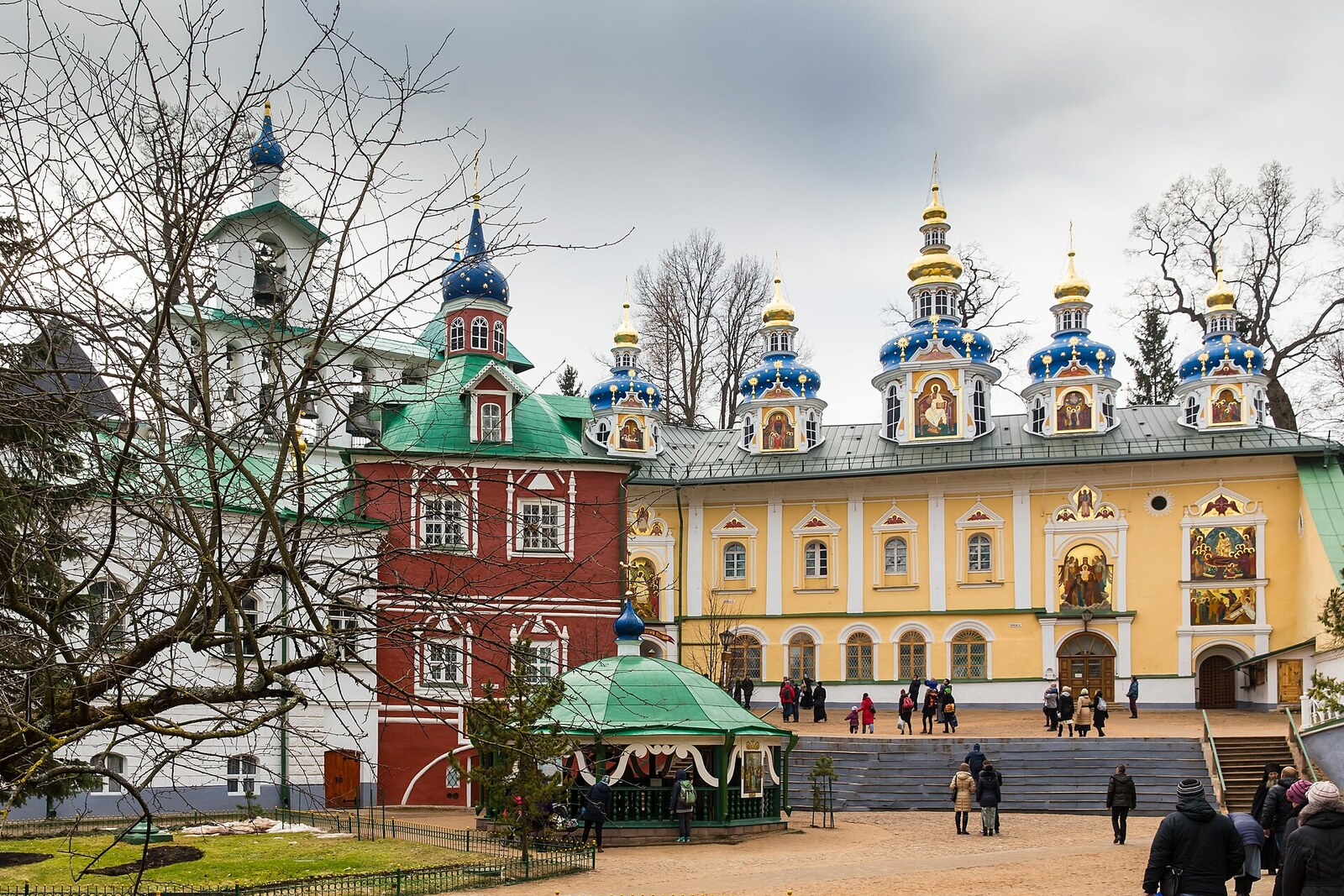 The facade of the Dormition Cave Church at the Pskov-Caves Monastery.