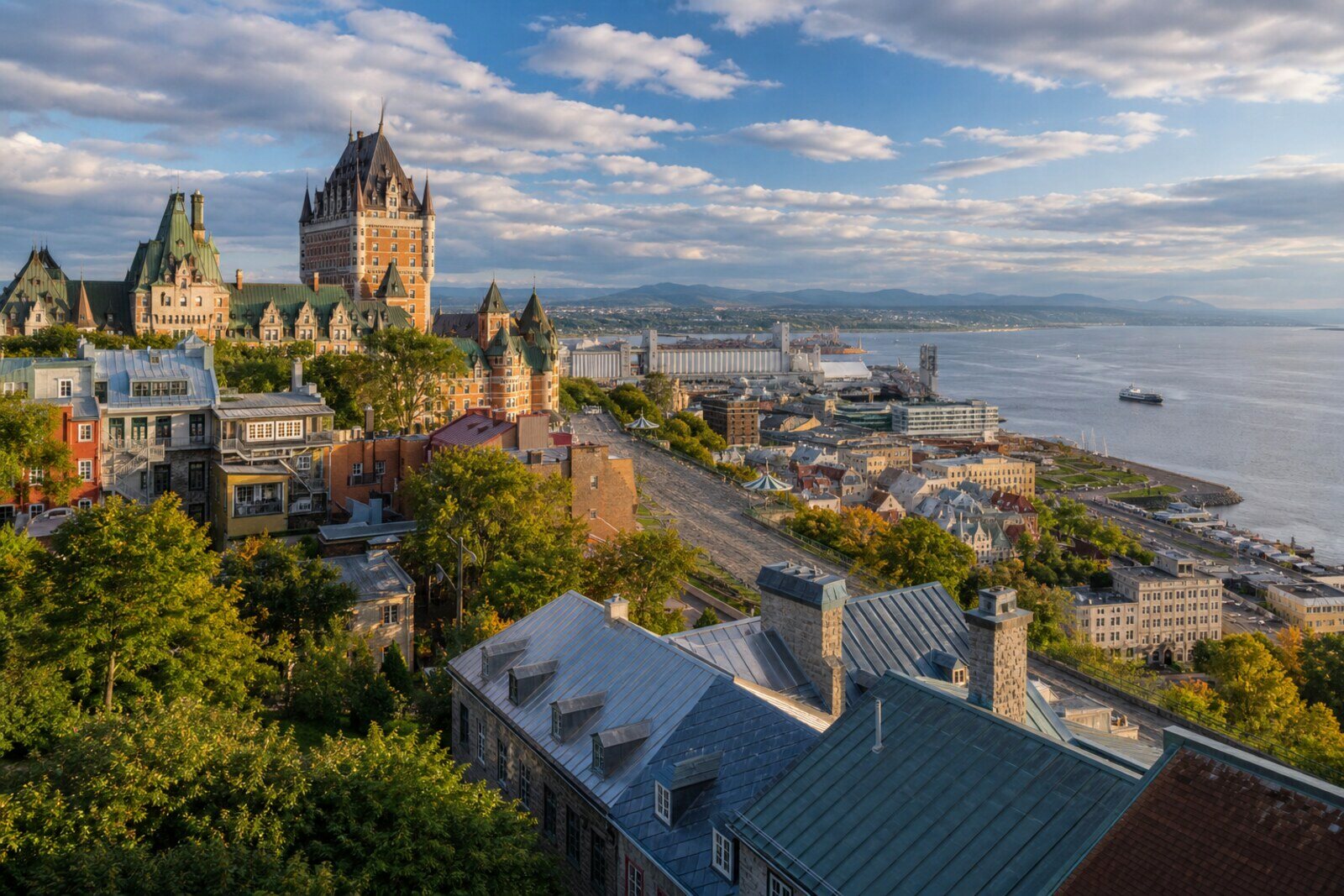The edge of Dufferin Terrace and the silhouette of Château Frontenac above the St. Lawrence River.