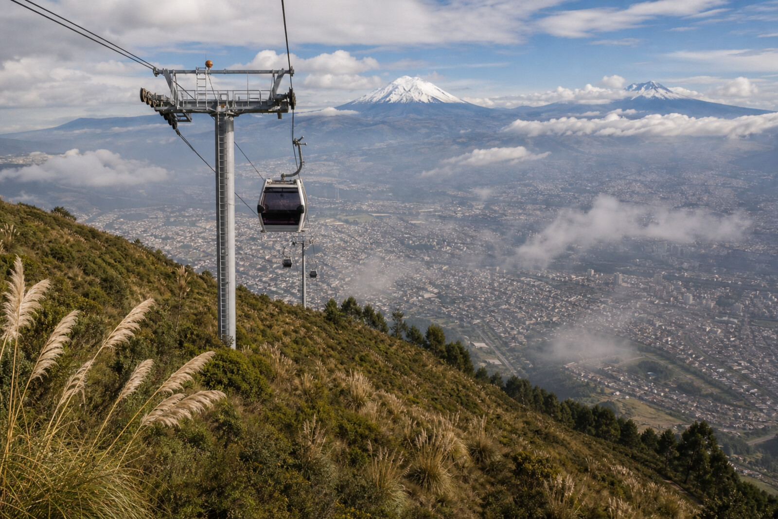 Cover: a cable-car cabin rises above a green slope, with volcanoes and a valley on the horizon