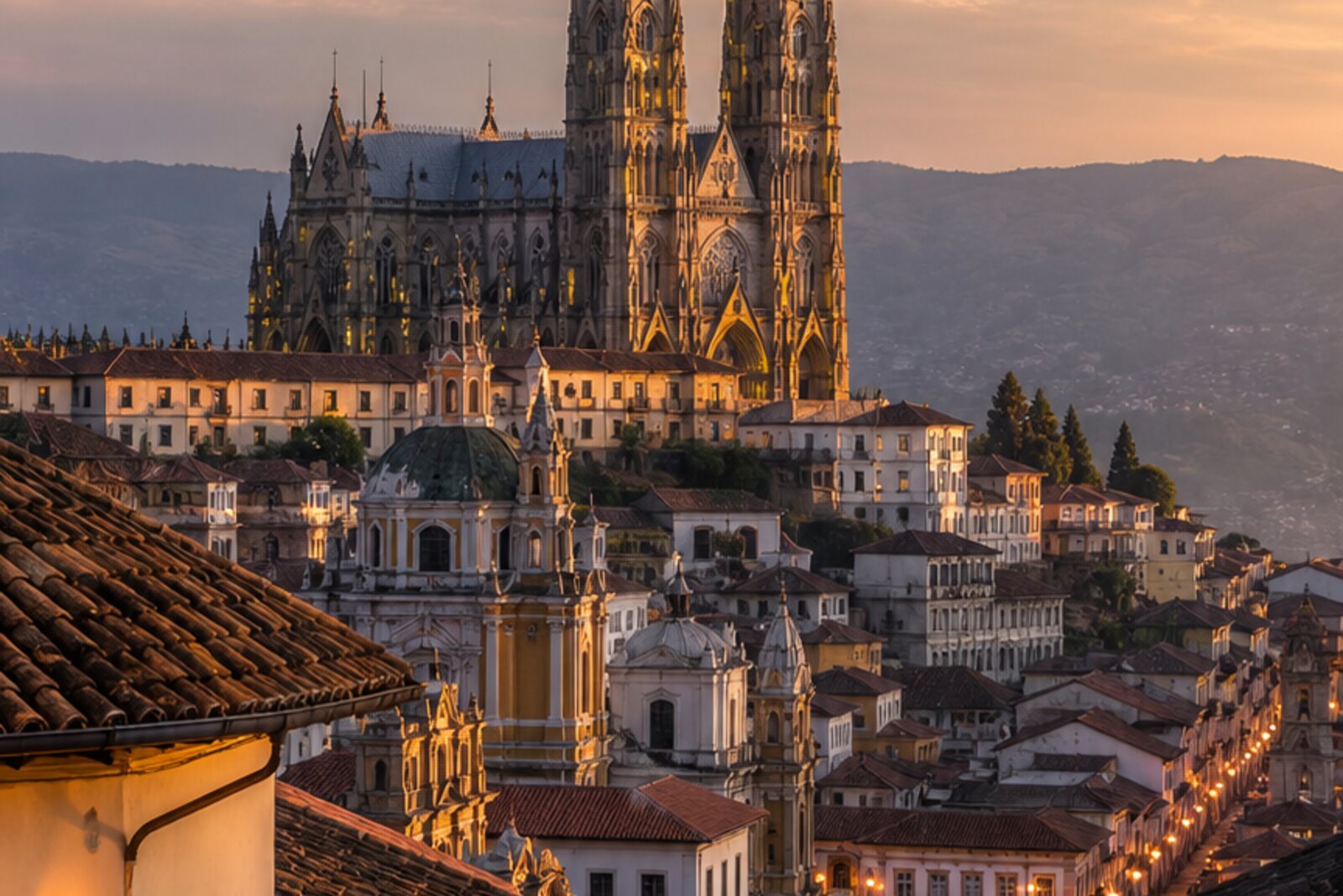 The basilica towers above Quito's historic center, with a warm hint of evening in La Ronda