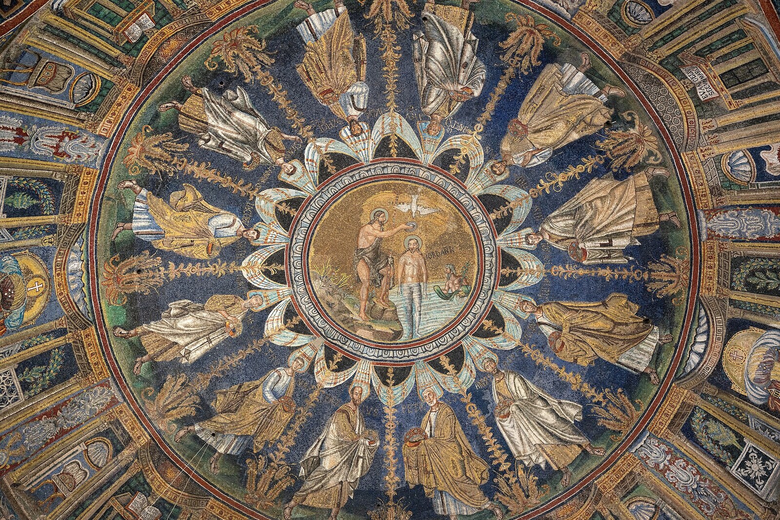The dome mosaic of the Neonian Baptistery with the baptism of Christ and the apostles.
