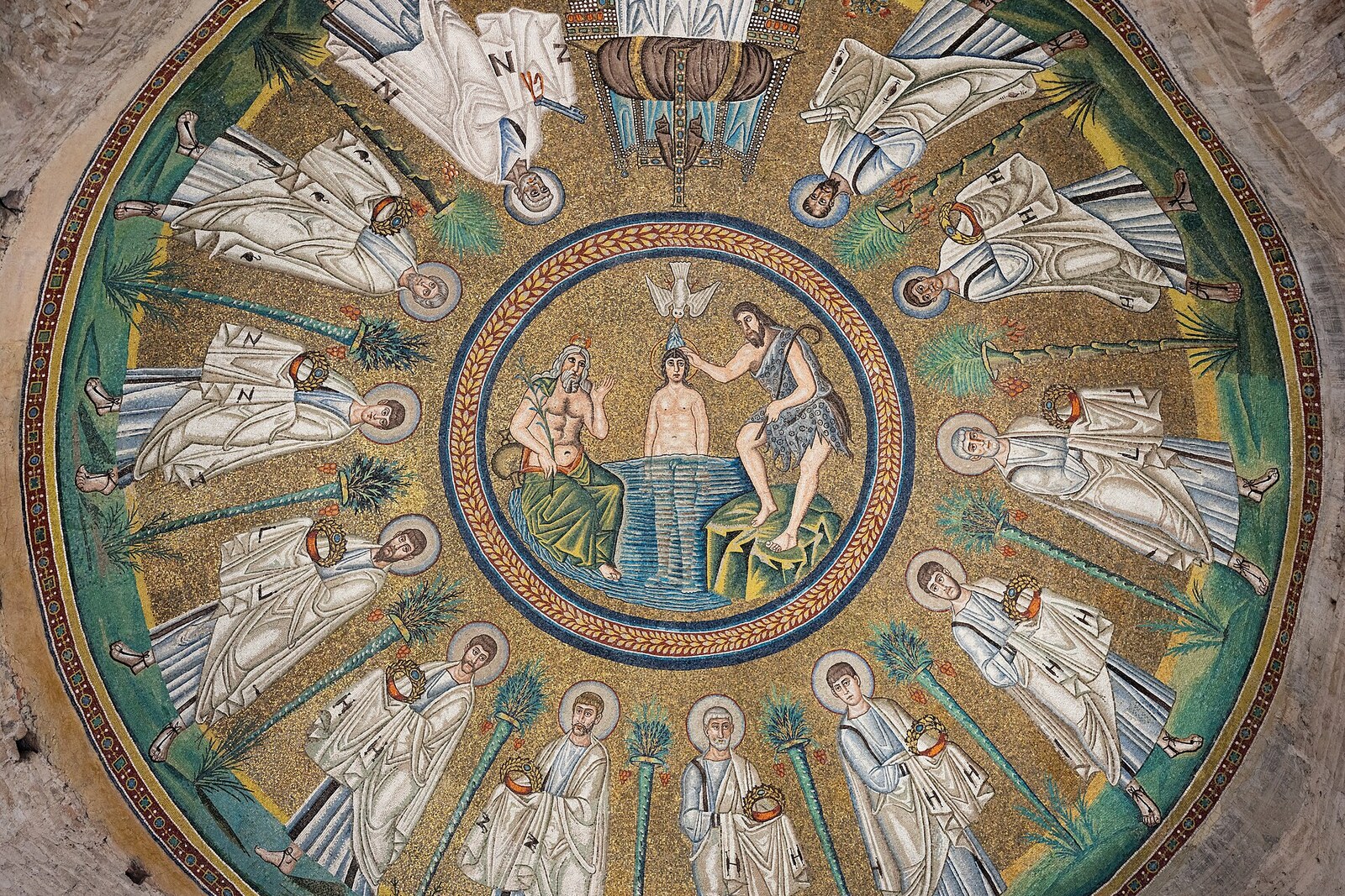 The dome mosaic of the Arian Baptistery depicting the baptism of Christ.