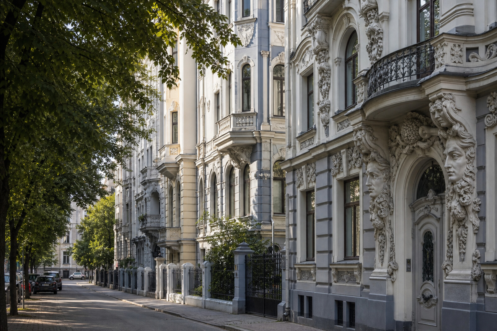 Ornate Art Nouveau facades on a quiet, tree-lined street in Riga