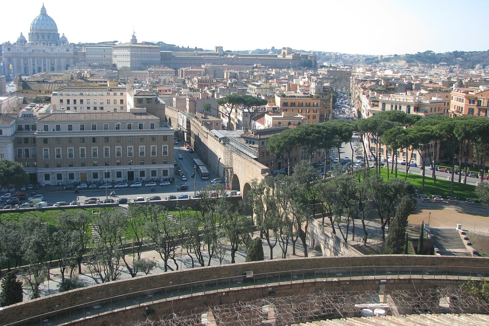 View of the elevated Passetto di Borgo corridor stretching from Castel Sant'Angelo to the Vatican.