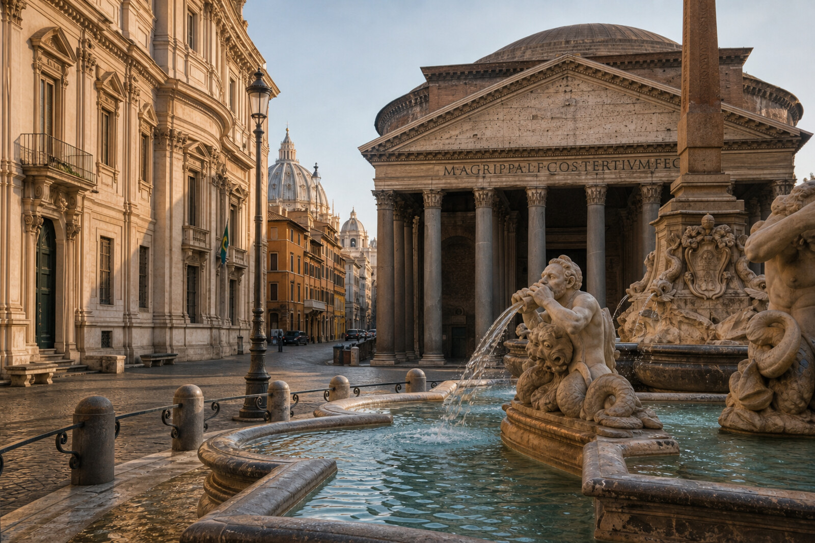 A Baroque square in Rome with fountains, columns, and a dome, without people