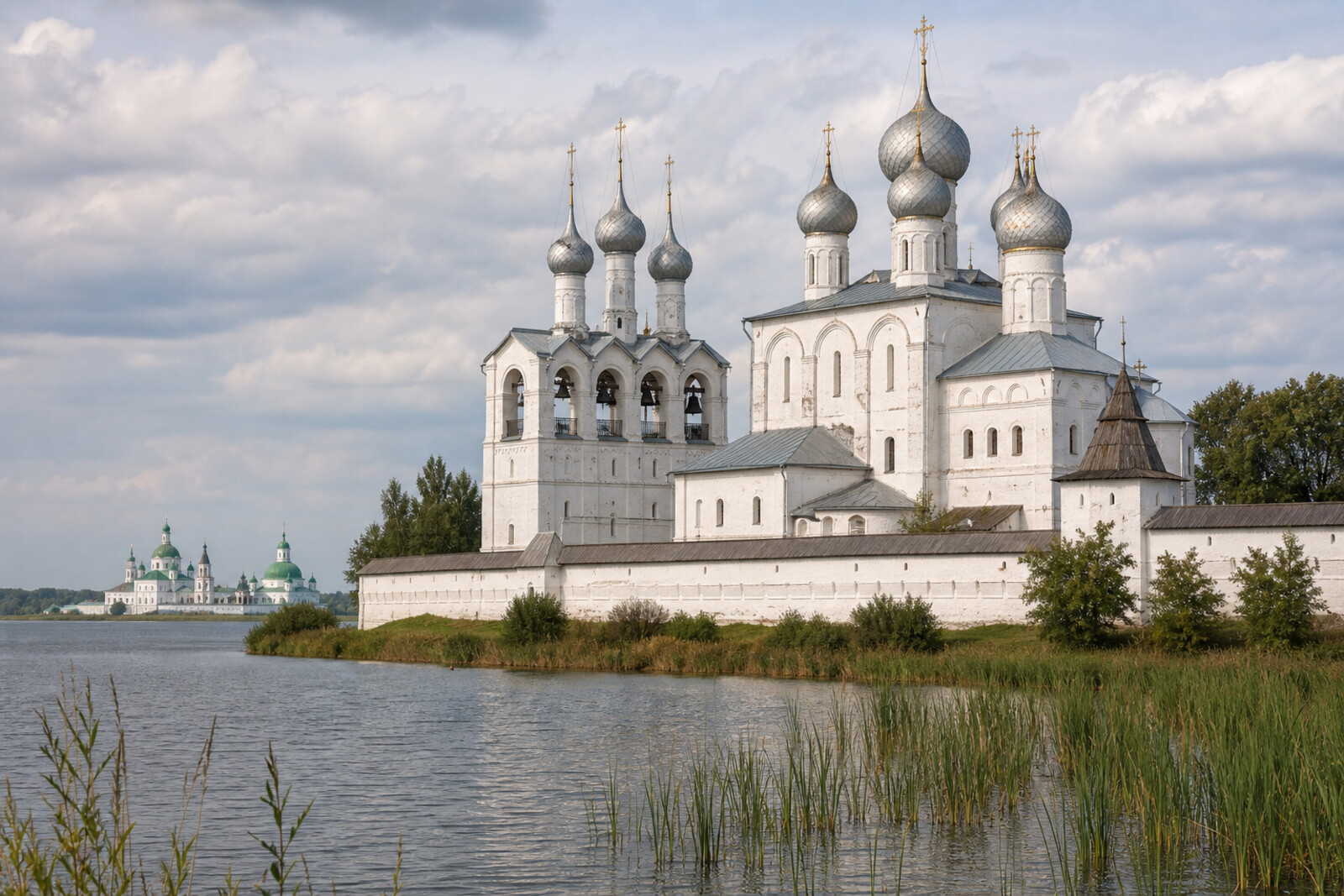 Illustrated silhouette of Dormition Cathedral, the Cathedral Belfry, and Rostov’s white walls above Lake Nero, with the monastery in the distance.