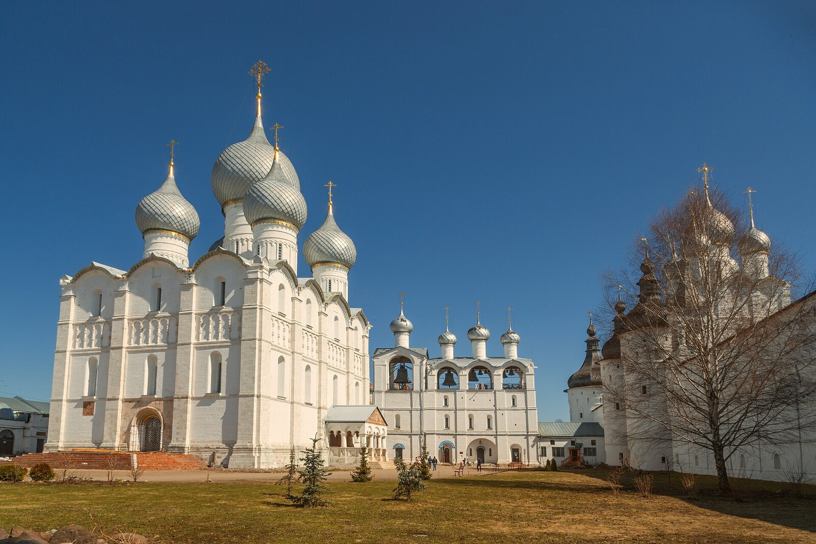 The white-stone Dormition Cathedral with five domes on Cathedral Square in Rostov Veliky.