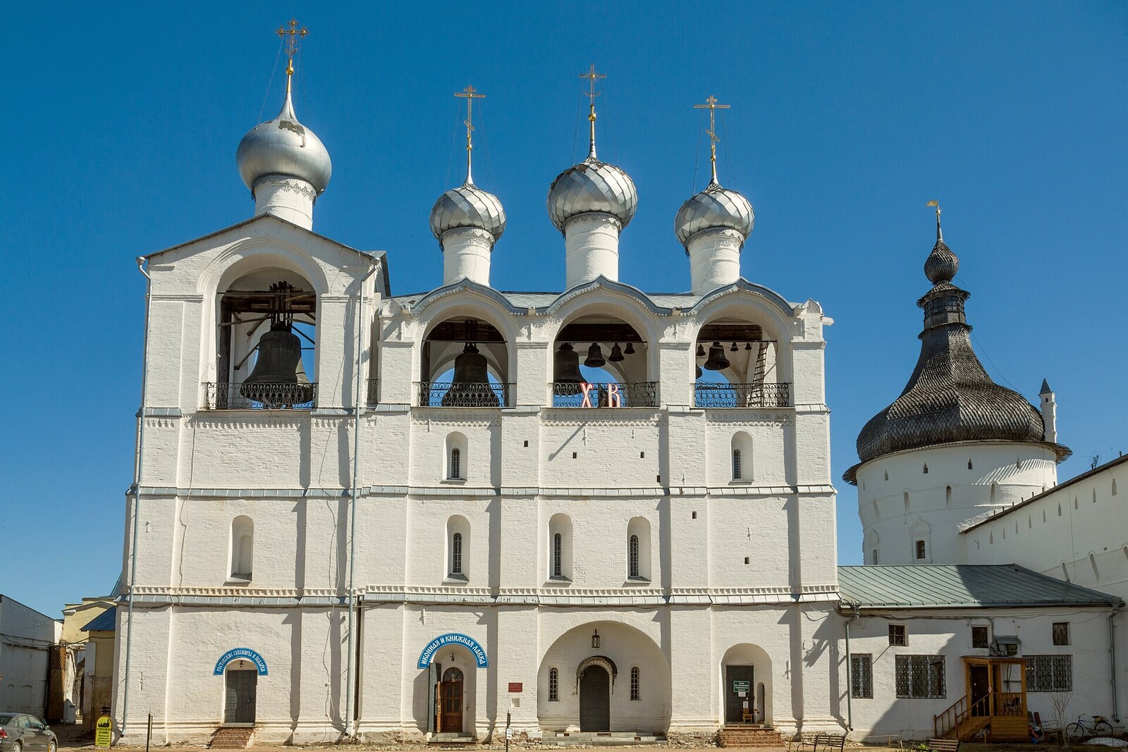 Rostov Veliky Cathedral Belfry with bells in open arches.