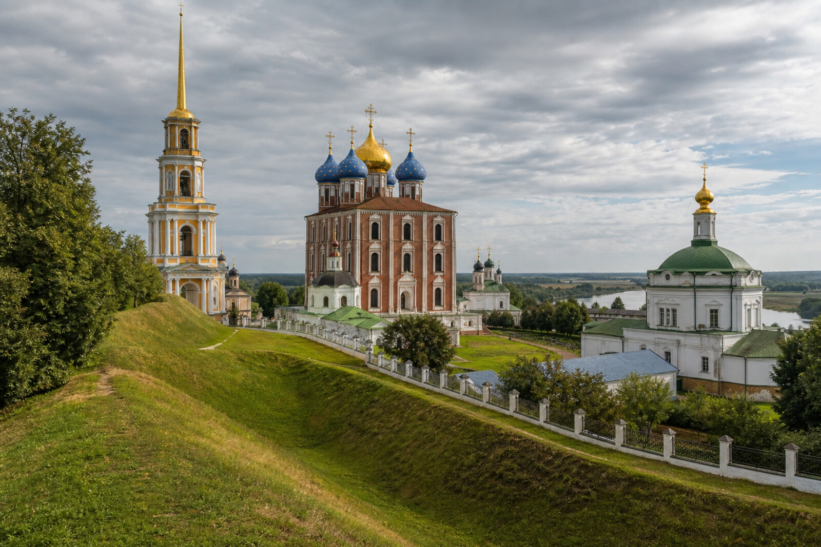 Earthen rampart, Cathedral Bell Tower, and Assumption Cathedral of Ryazan Kremlin above the river floodplain