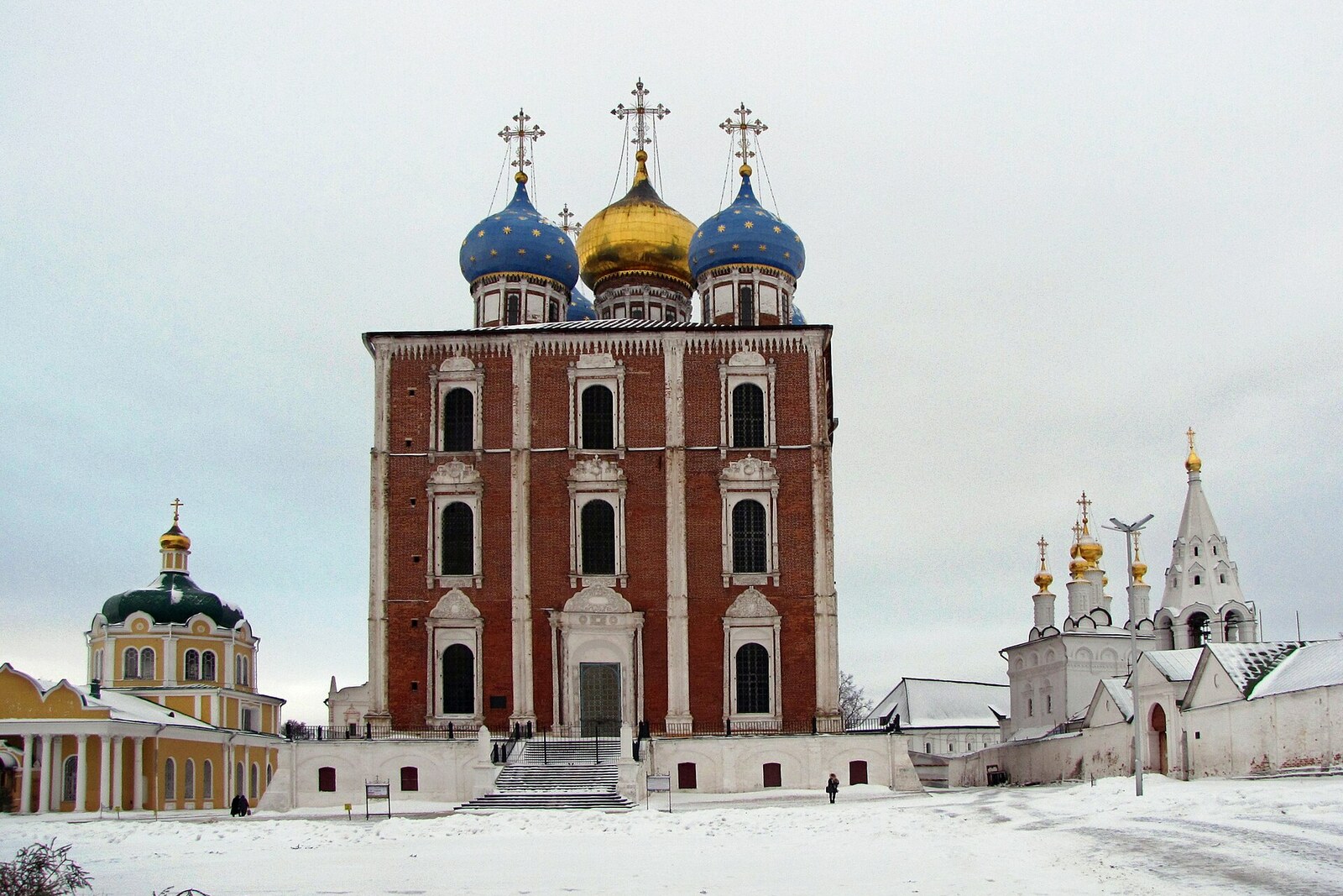 The red-brick Assumption Cathedral of the Ryazan Kremlin with white-stone window surrounds