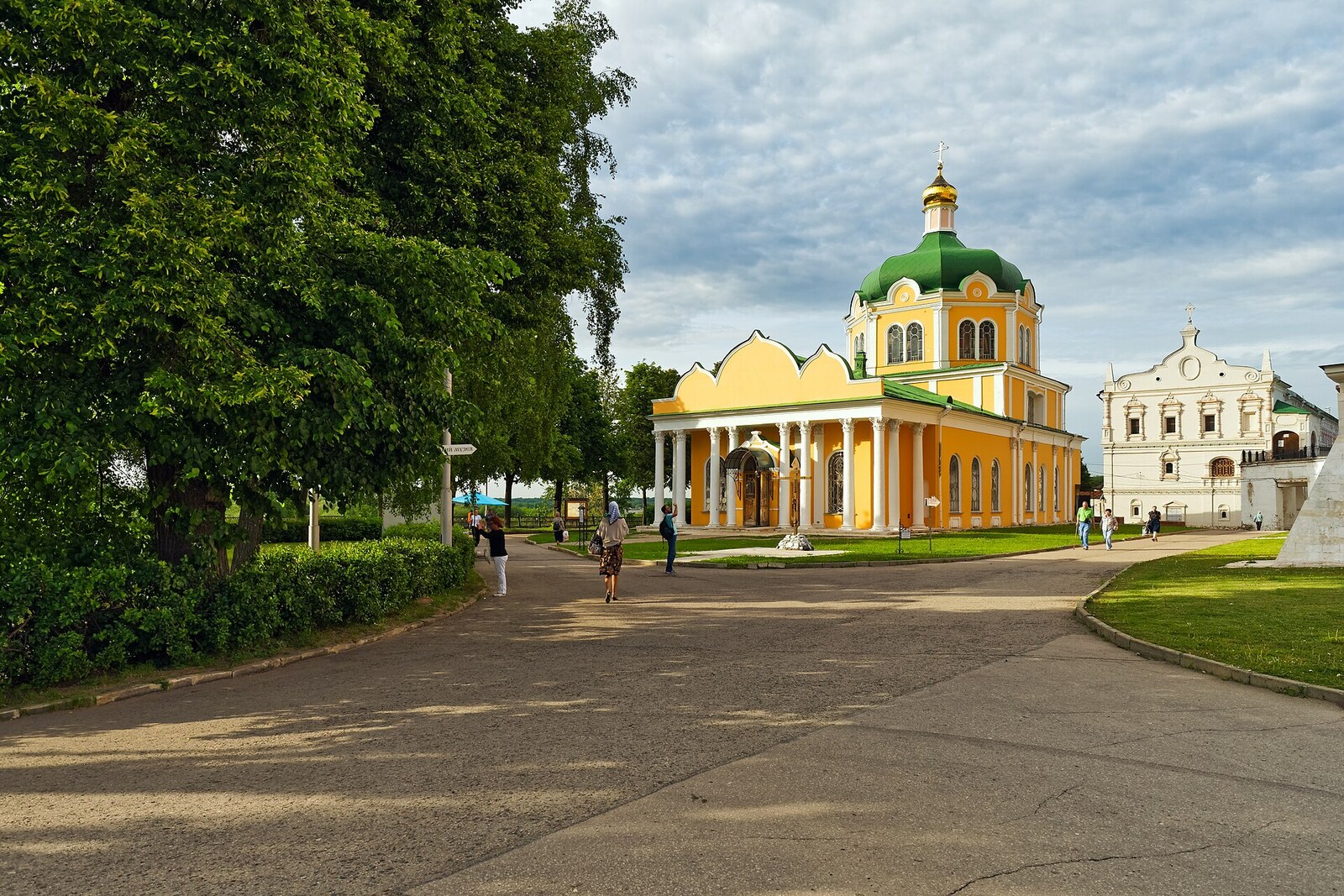 Yellow Nativity of Christ Cathedral with a columned portico in Ryazan Kremlin