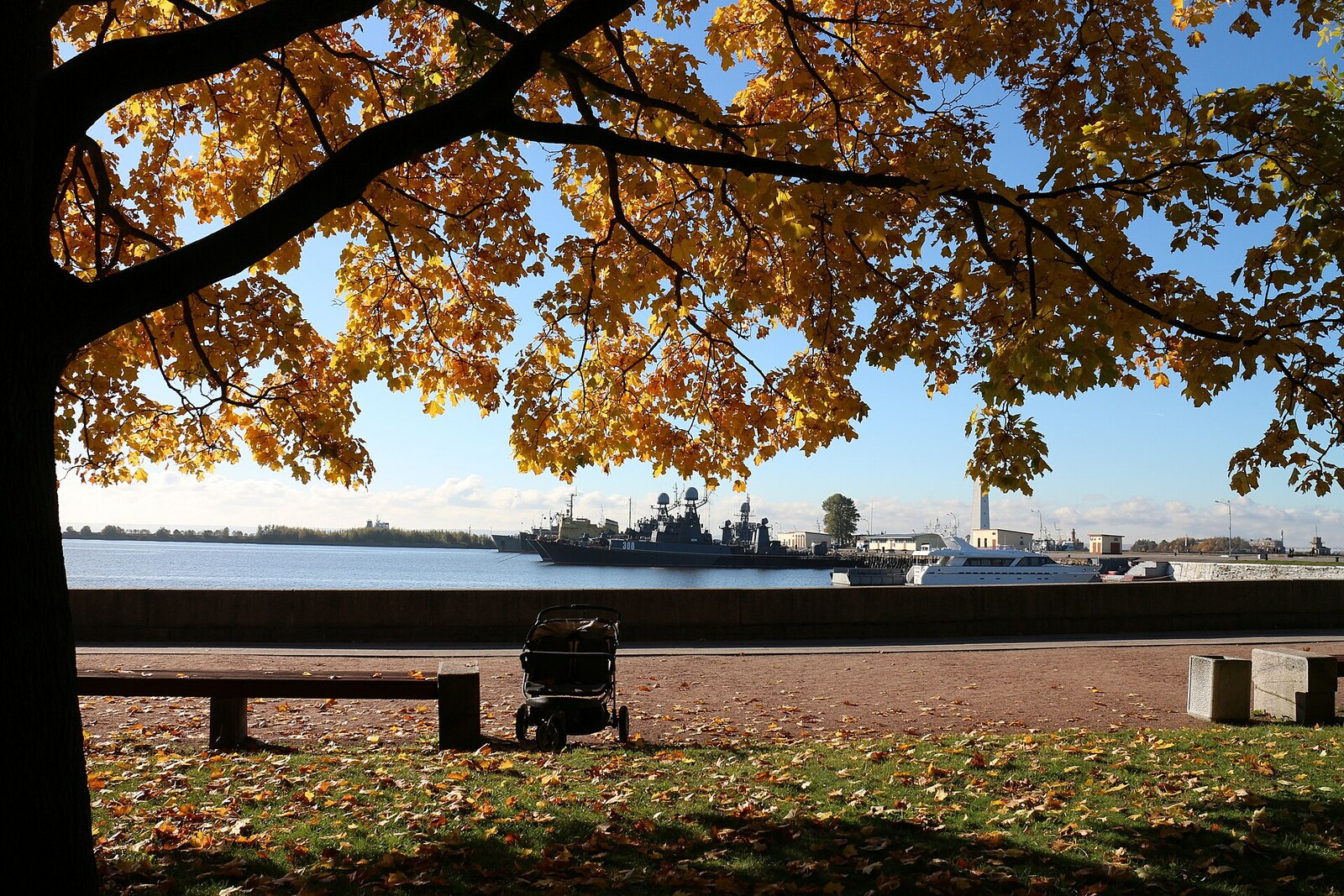 View from Petrovsky Park of the harbour and a warship.