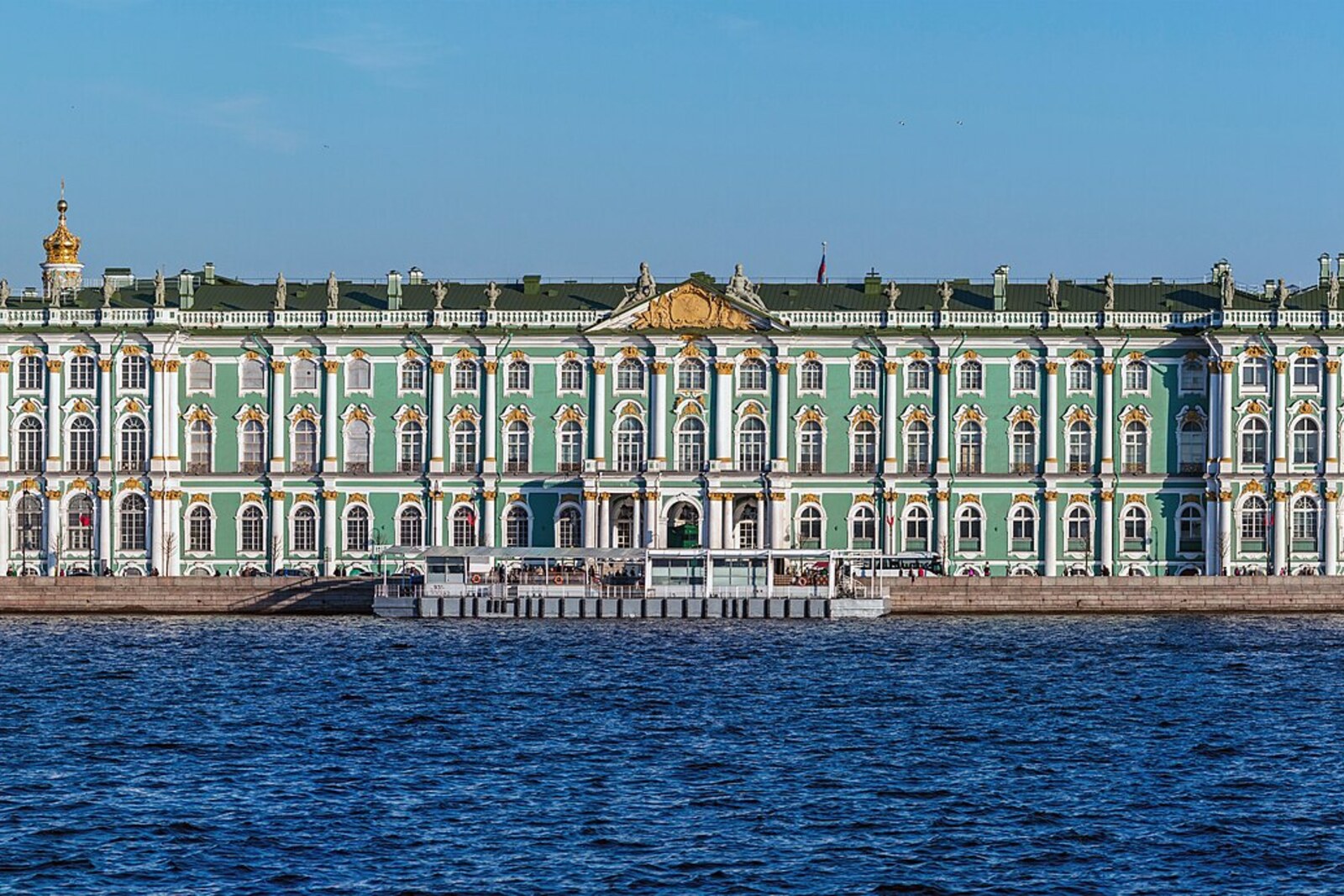 The river façade of the Winter Palace along the Neva, viewed from the Spit of Vasilevsky Island.