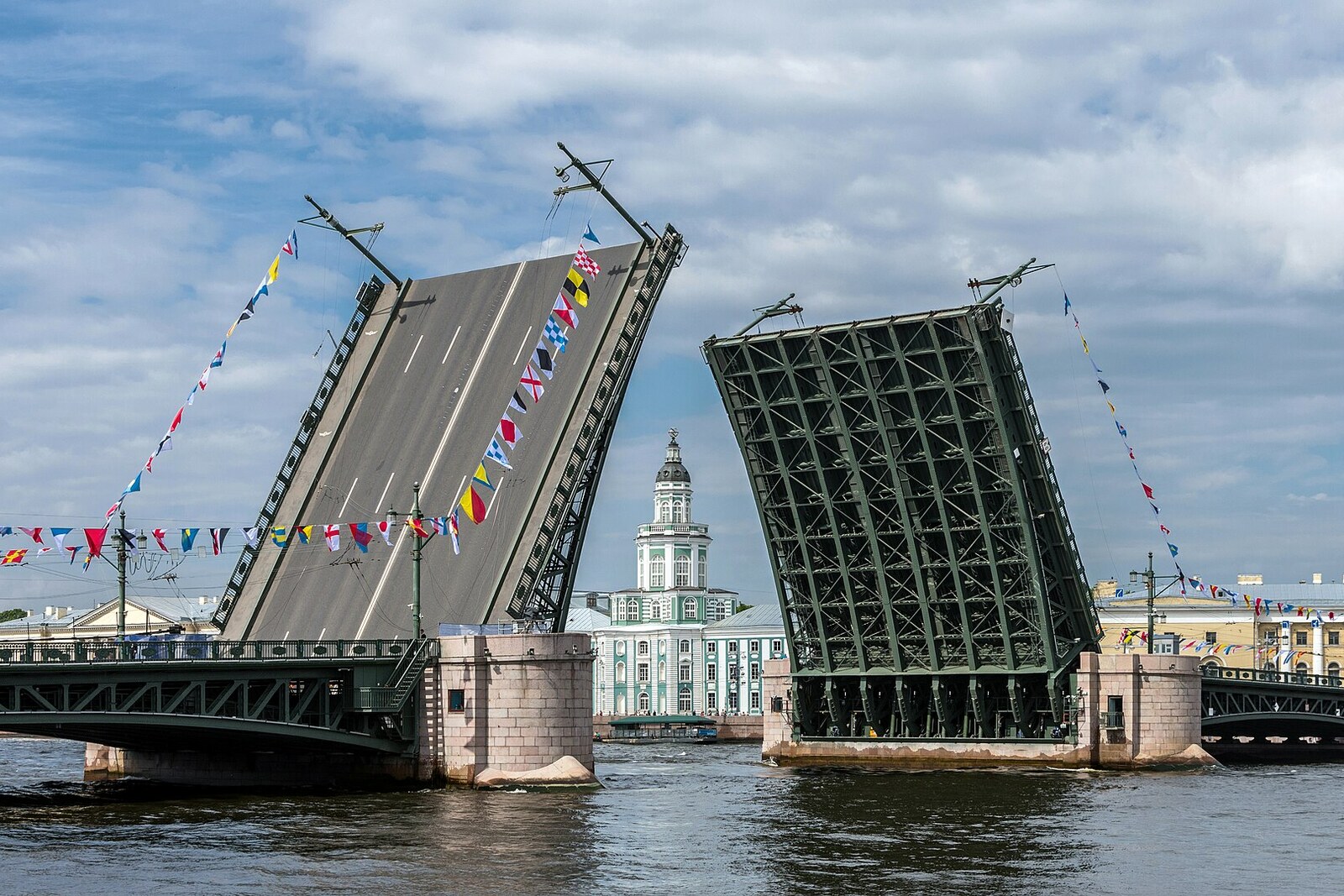 The raised leaves of Palace Bridge above the Neva.