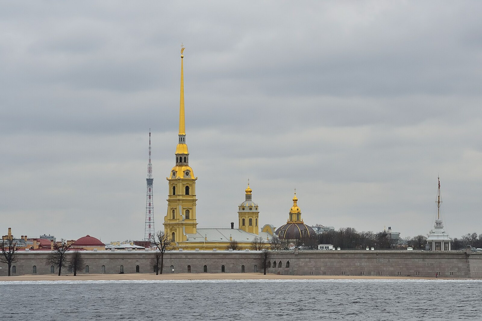 Peter and Paul Cathedral with its golden spire behind the fortress walls.