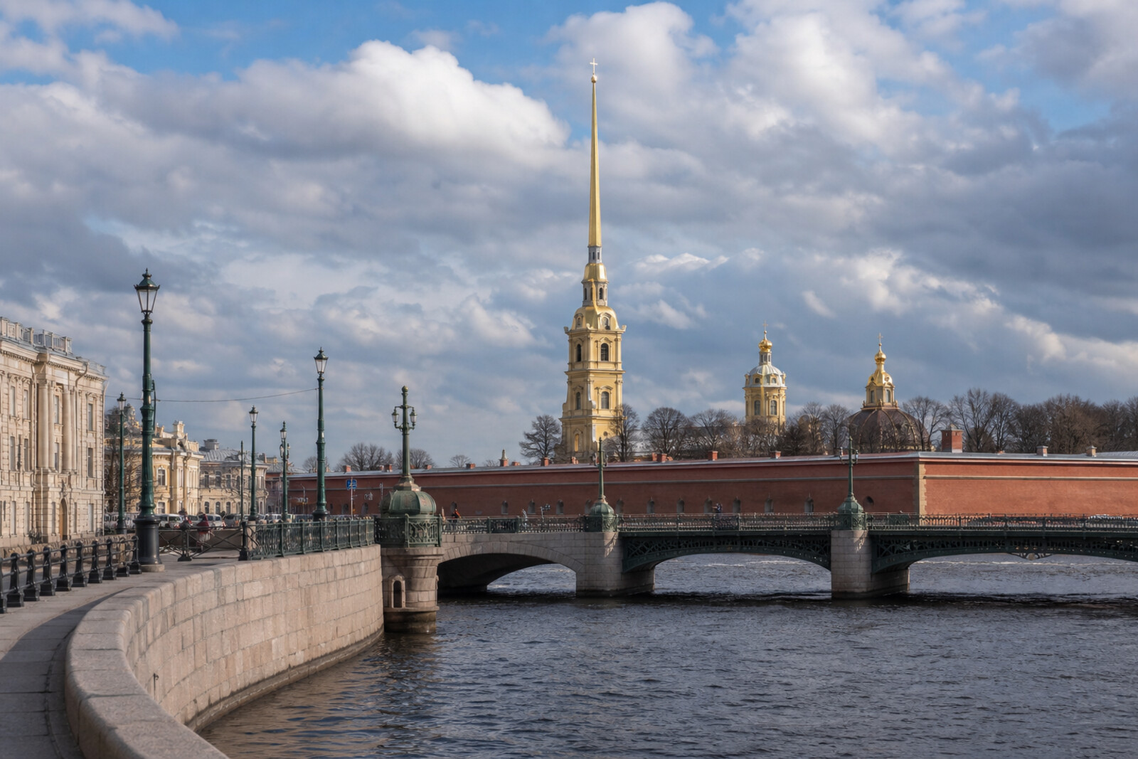 A symbolic panorama of the Petrograd Side with the fortress spire, the mosque dome, and House with Towers.