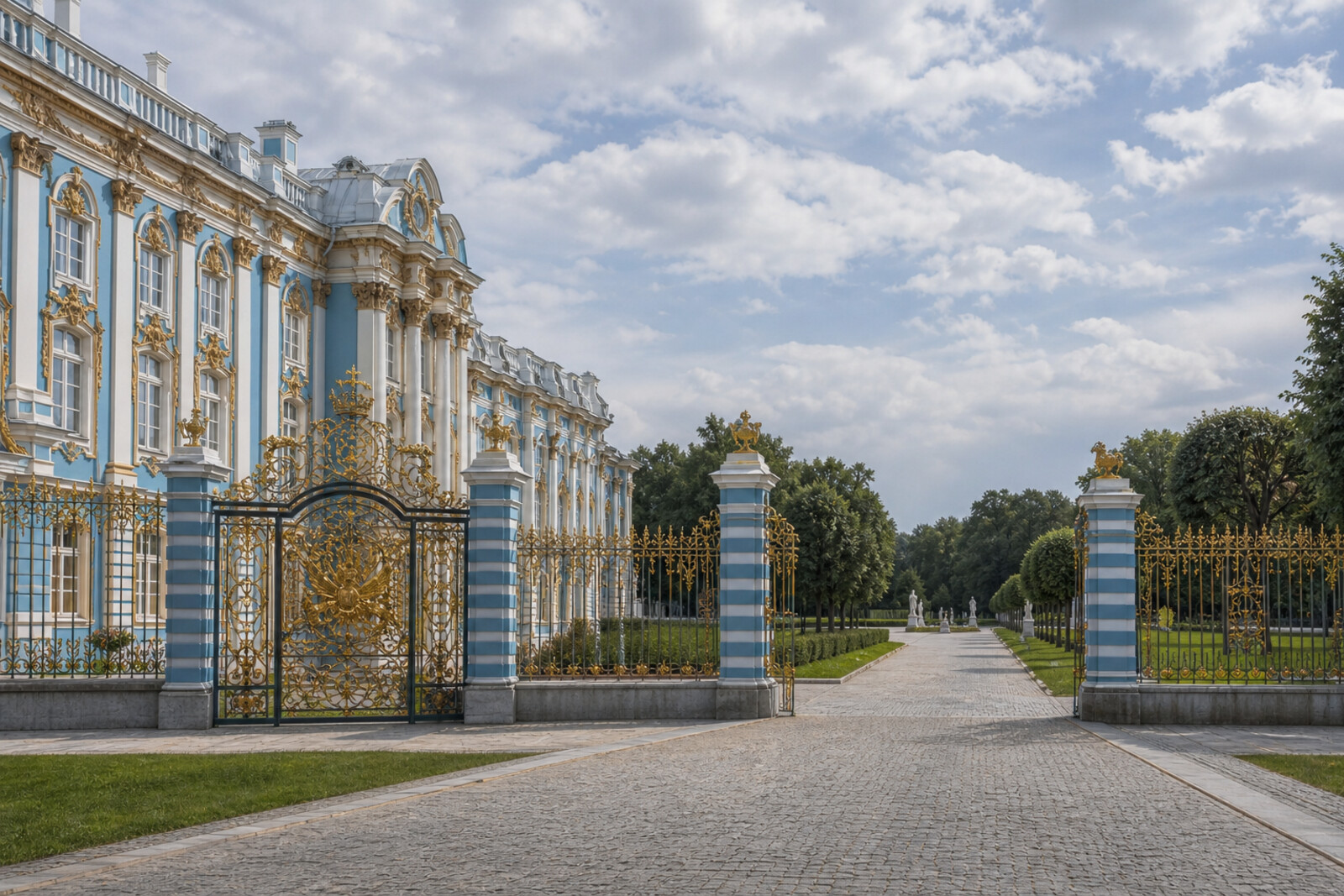 A collage of Catherine Palace, Cameron Gallery, Chesme Column, and Feodorovsky Sovereign Cathedral, showing the path from the Baroque court to the last dynastic myth